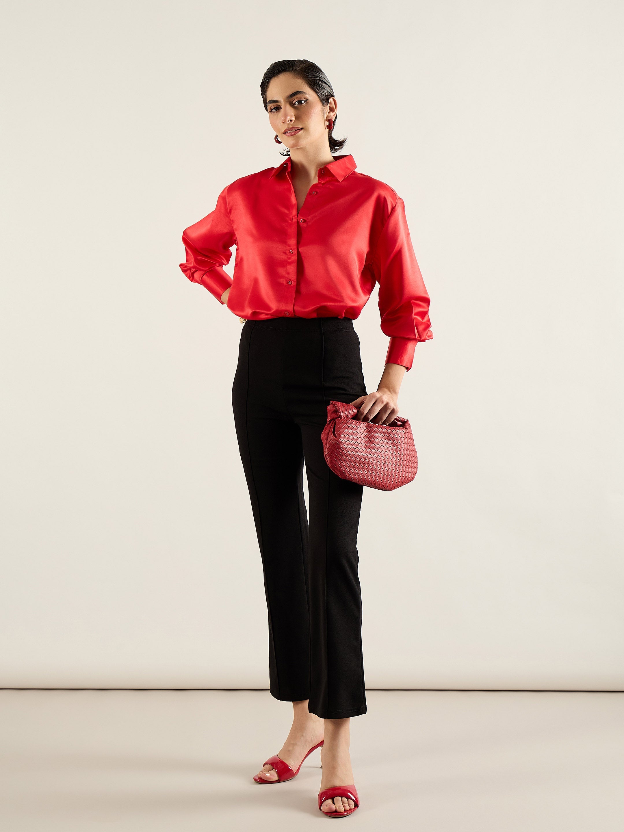 Women Red Satin Oversized Shirt-SFSHRT20698