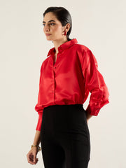 Women Red Satin Oversized Shirt-SFSHRT20698