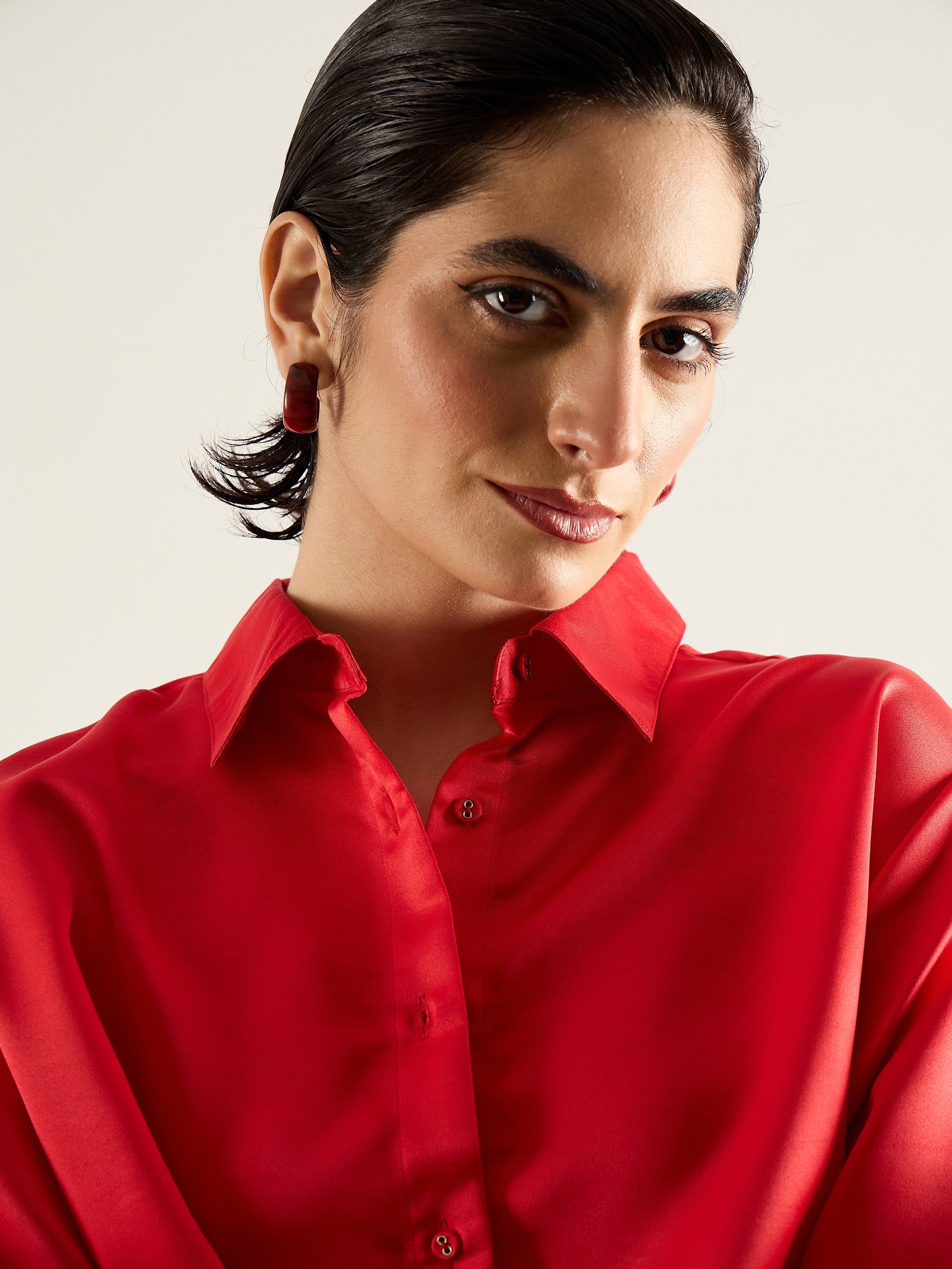 Women Red Satin Oversized Shirt-SFSHRT20698