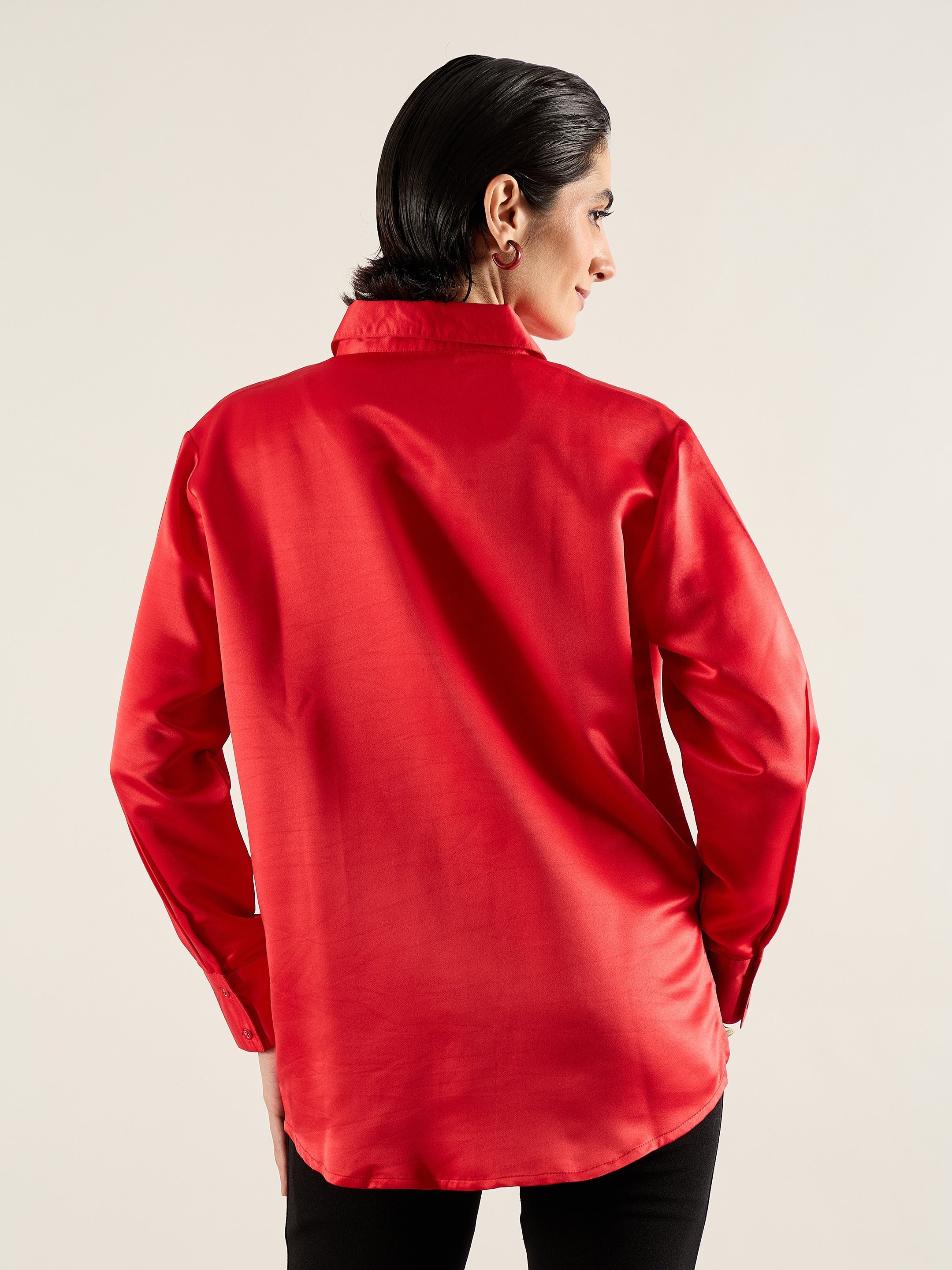 Women Red Satin Oversized Shirt-SFSHRT20698