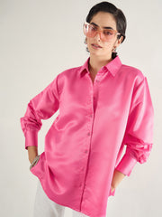 Women Pink Satin Oversized Shirt-SFSHRT20699