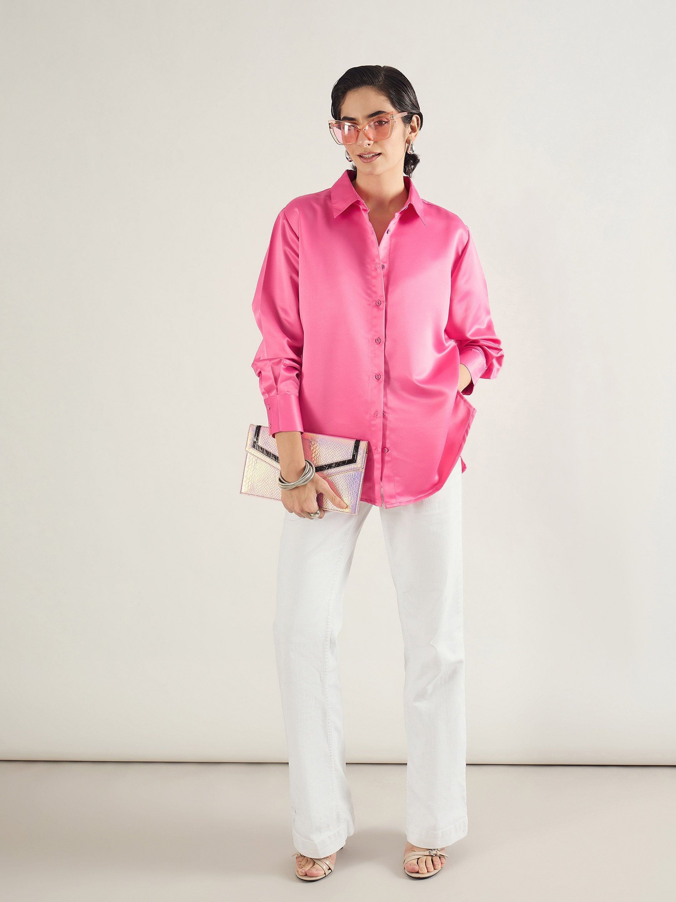 Women Pink Satin Oversized Shirt-SFSHRT20699
