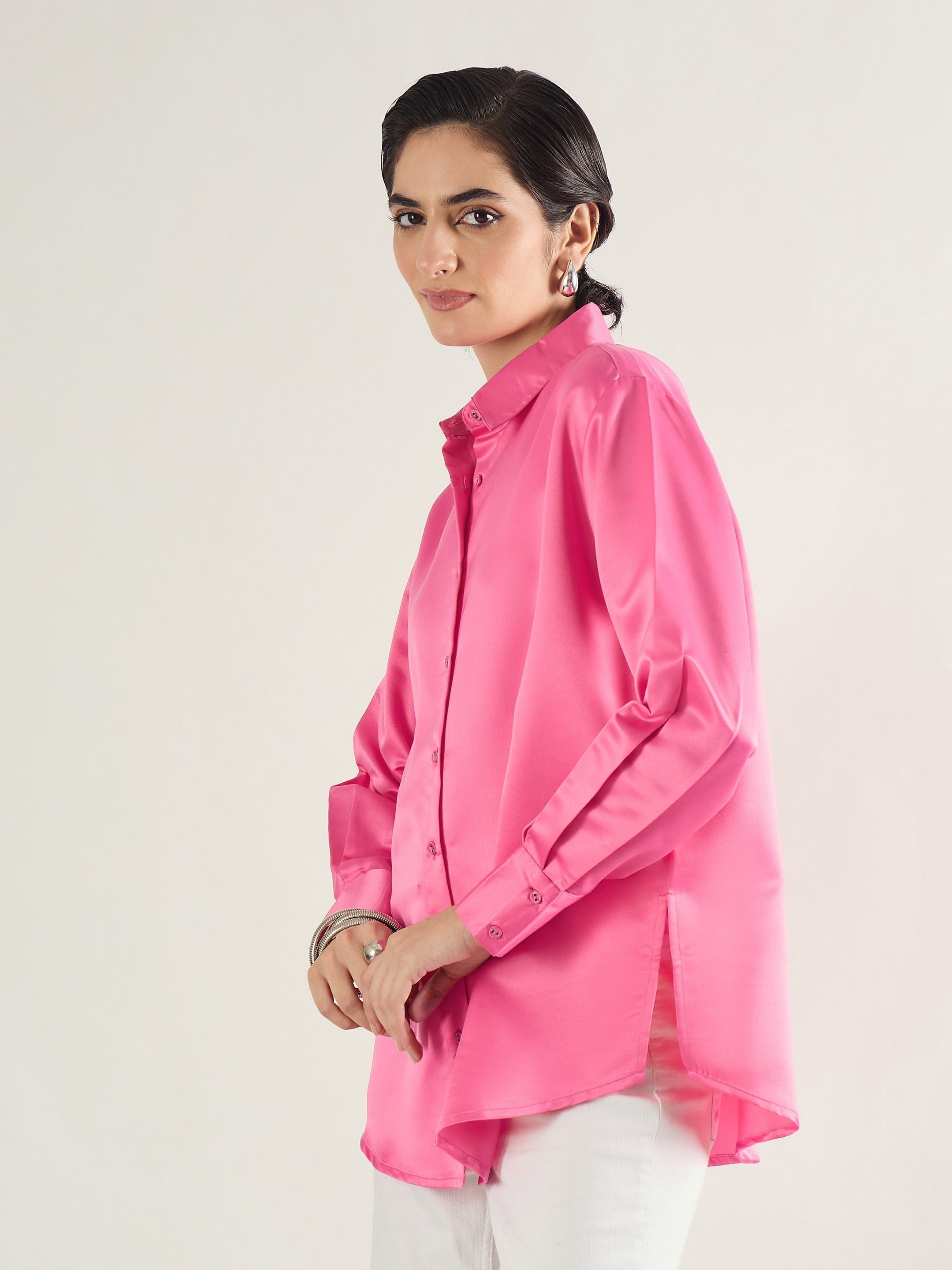 Women Pink Satin Oversized Shirt-SFSHRT20699