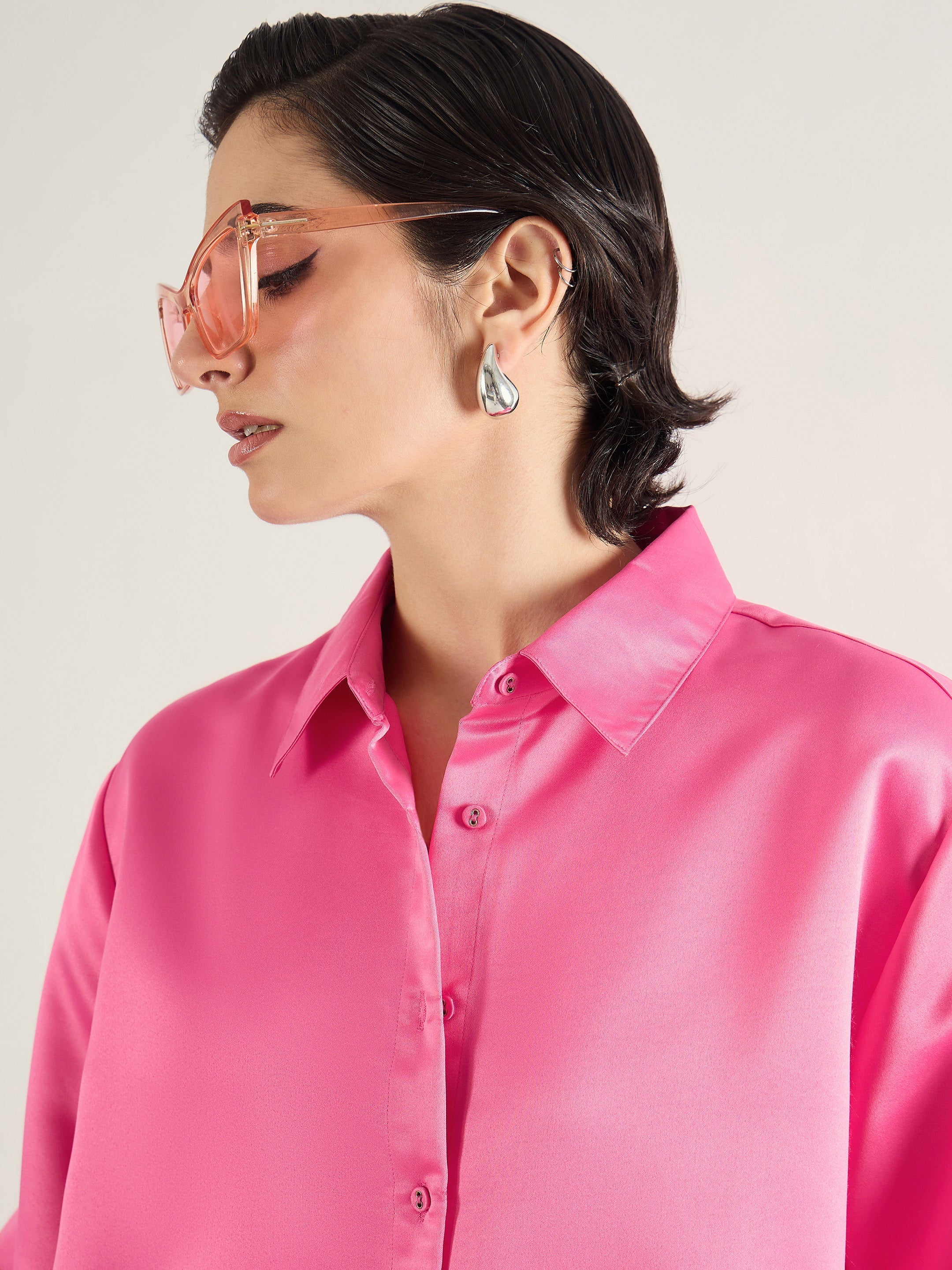 Women Pink Satin Oversized Shirt-SFSHRT20699
