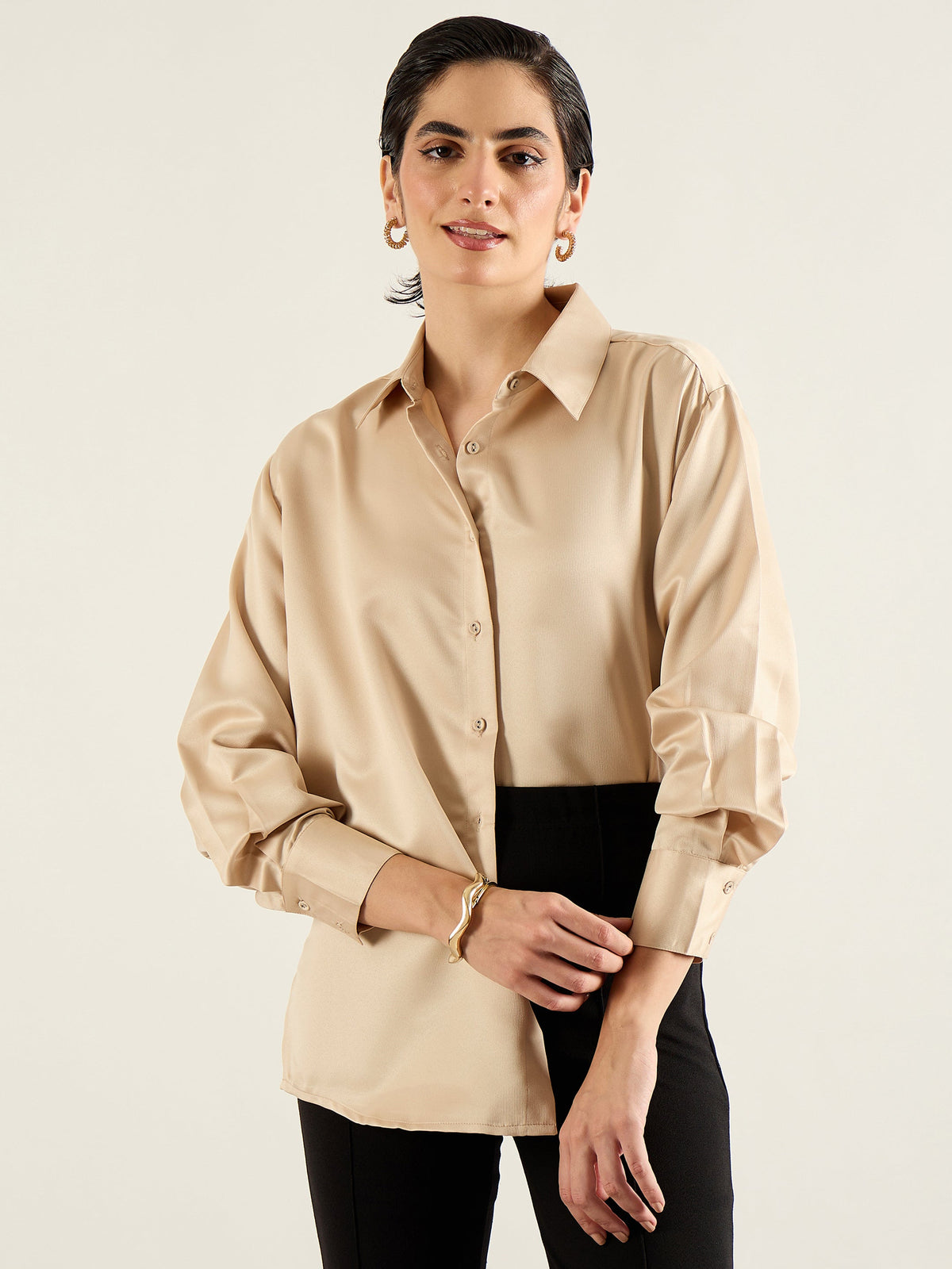 Women Beige Satin Oversized Shirt-SFSHRT20700