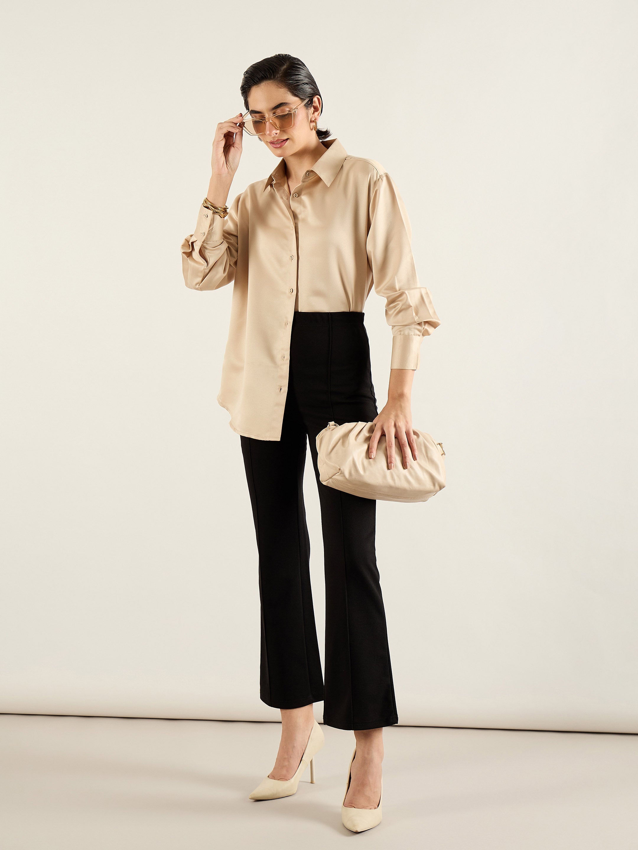 Women Beige Satin Oversized Shirt-SFSHRT20700