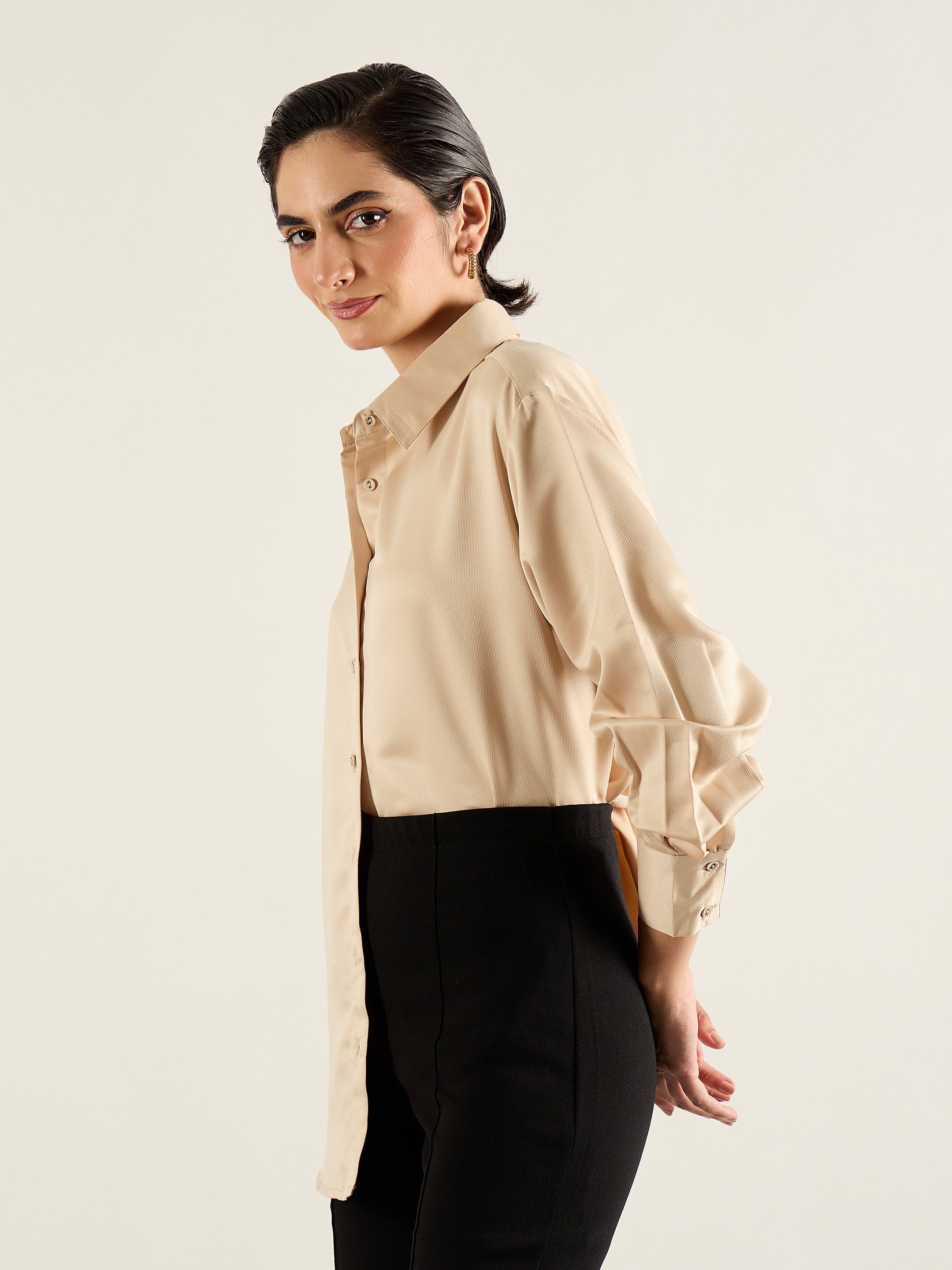Women Beige Satin Oversized Shirt-SFSHRT20700