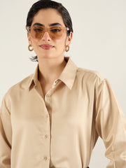Women Beige Satin Oversized Shirt-SFSHRT20700