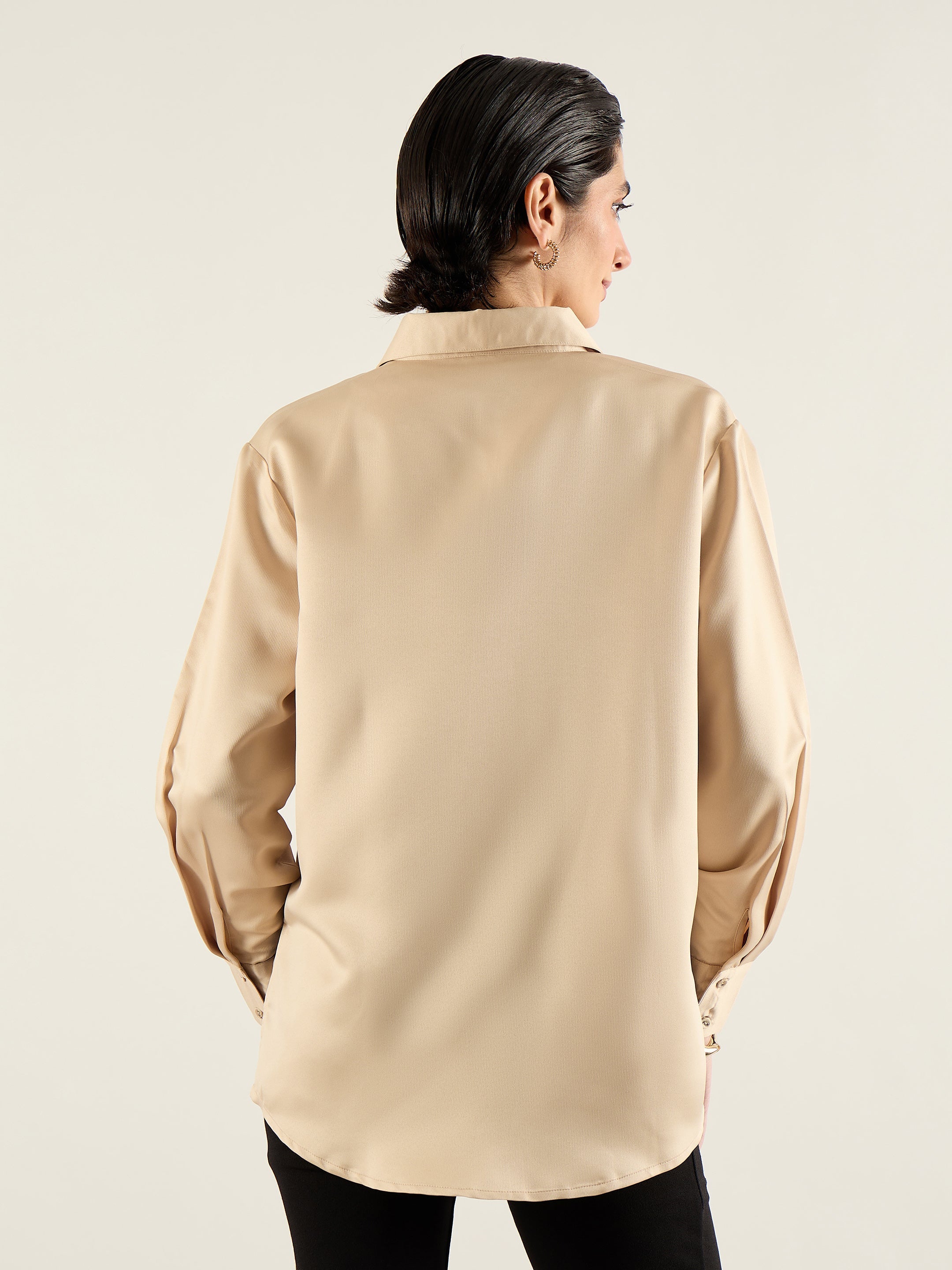 Women Beige Satin Oversized Shirt-SFSHRT20700