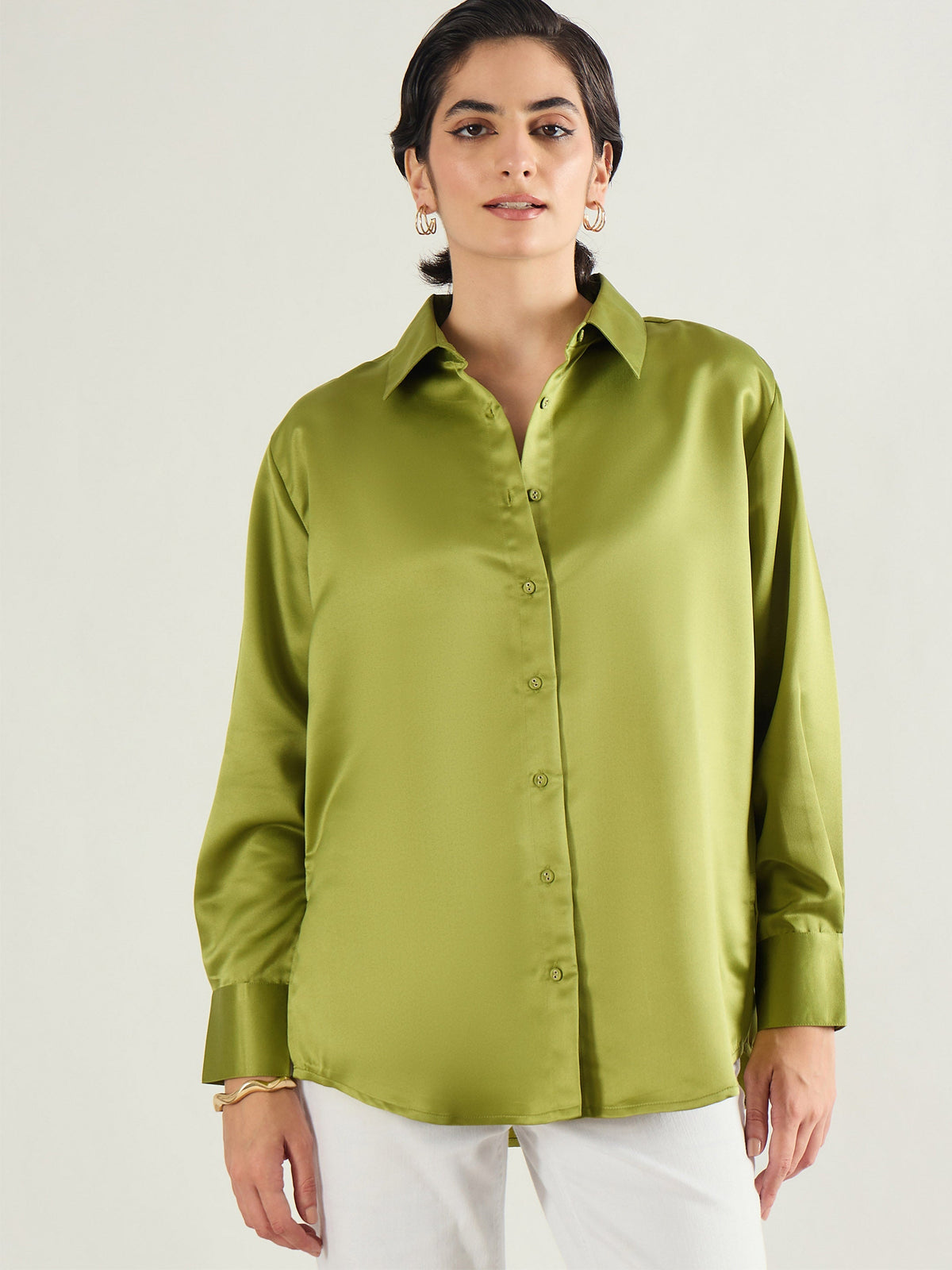 Women Olive Satin Oversized Shirt-SFSHRT20701