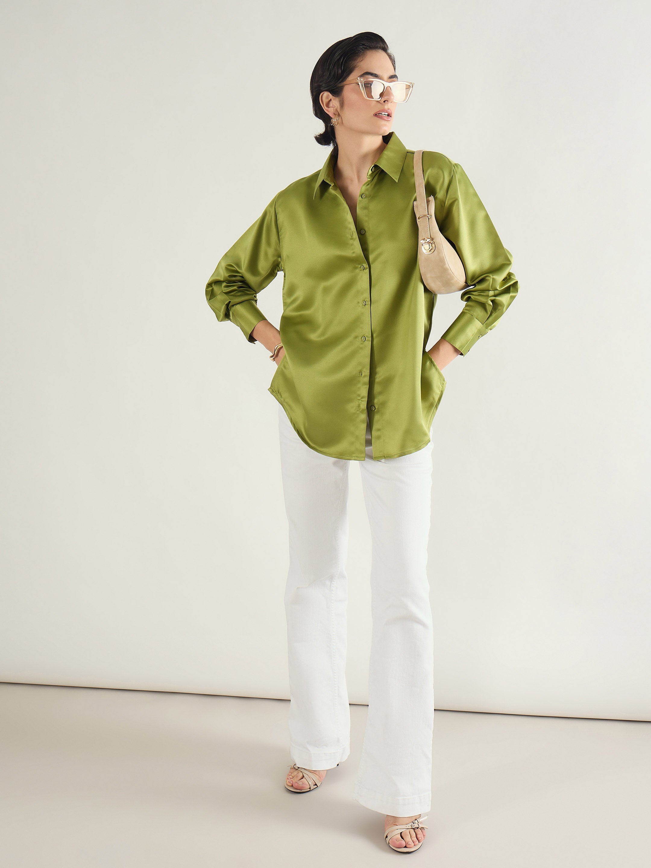 Women Olive Satin Oversized Shirt-SFSHRT20701