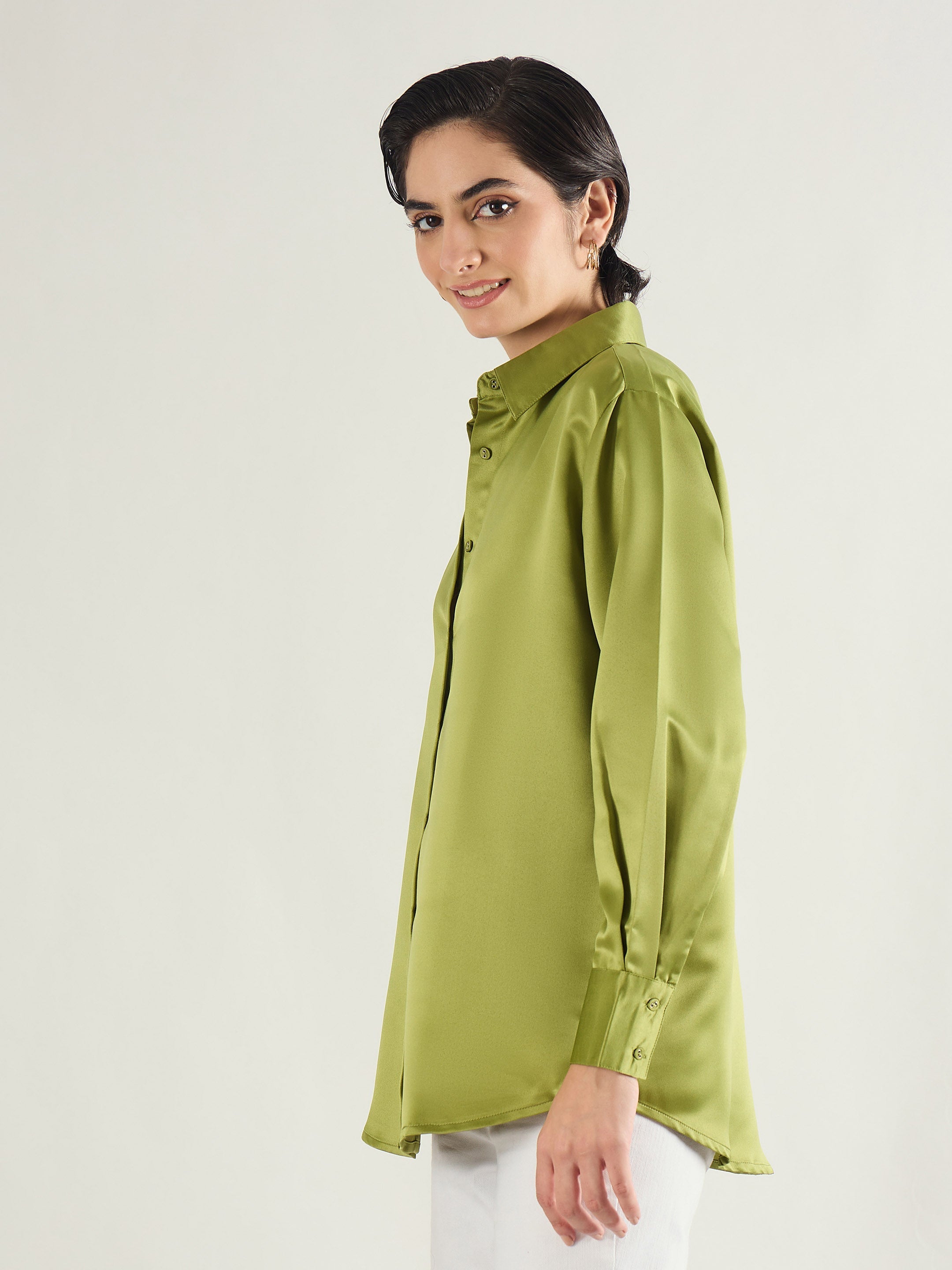 Women Olive Satin Oversized Shirt-SFSHRT20701