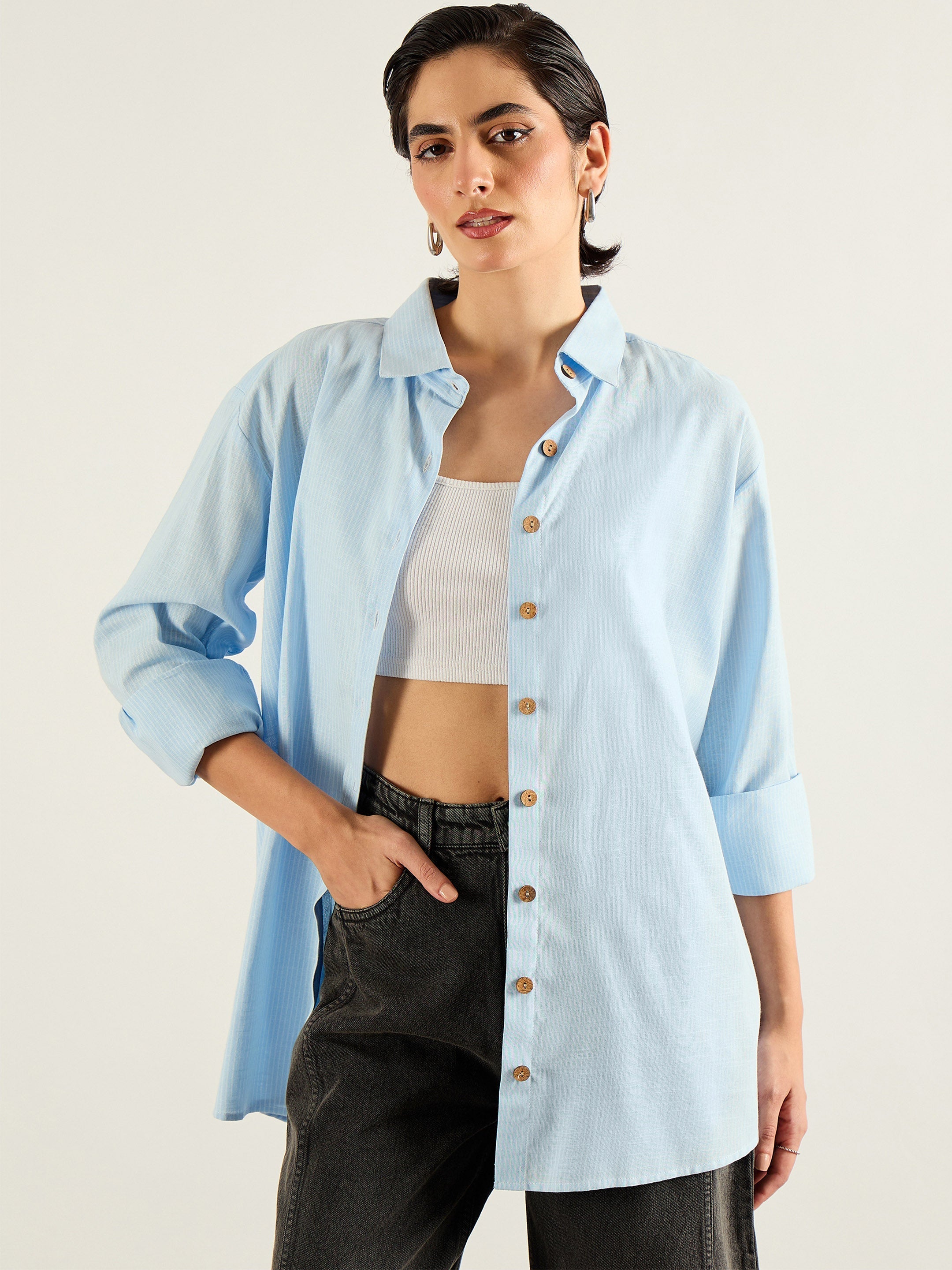 Women Blue & White Penny Stripes Oversized Shirt-SFSHRT20702