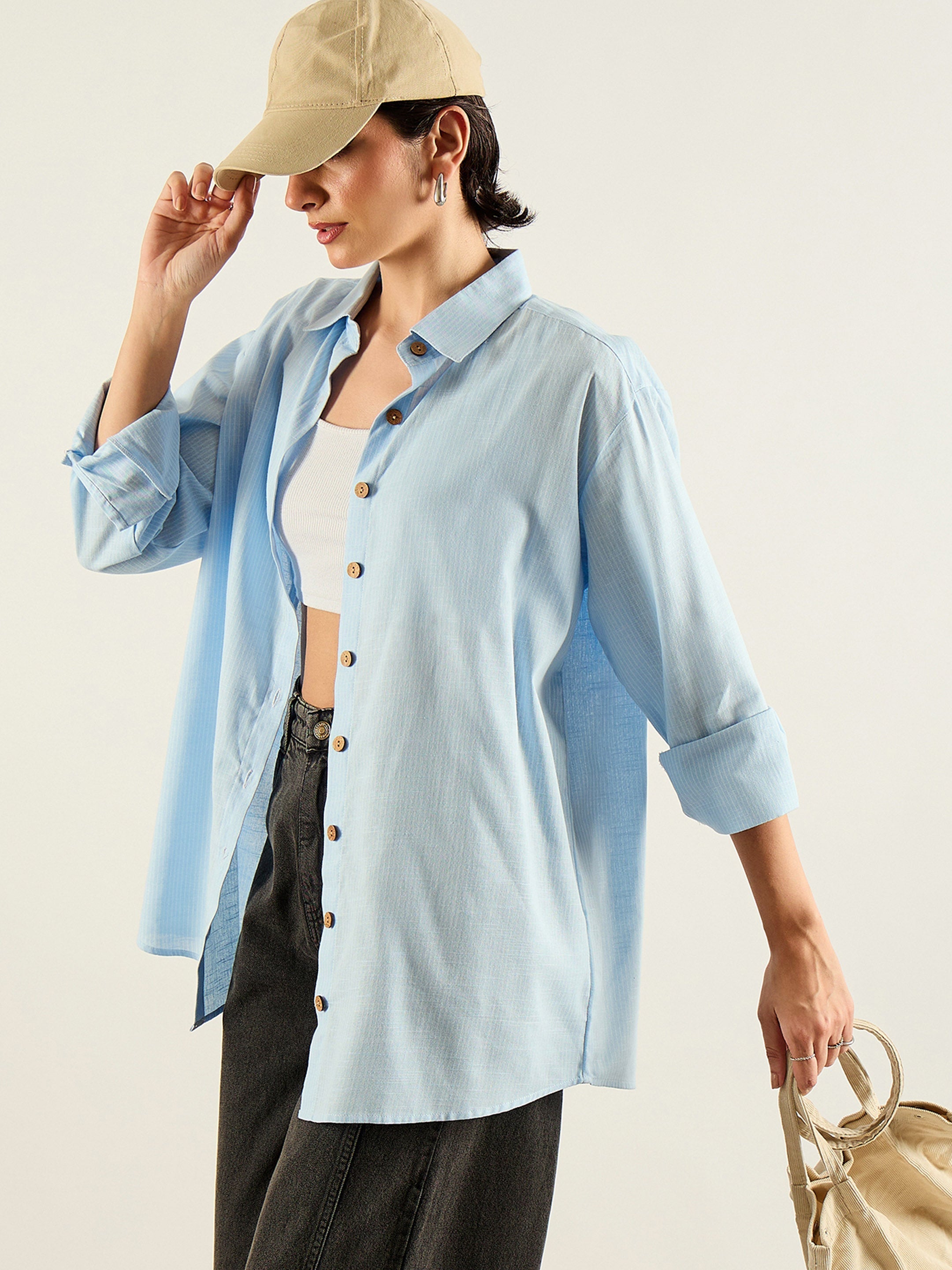 Women Blue & White Penny Stripes Oversized Shirt-SFSHRT20702