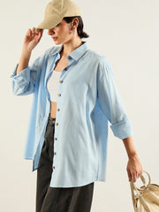 Women Blue & White Penny Stripes Oversized Shirt-SFSHRT20702