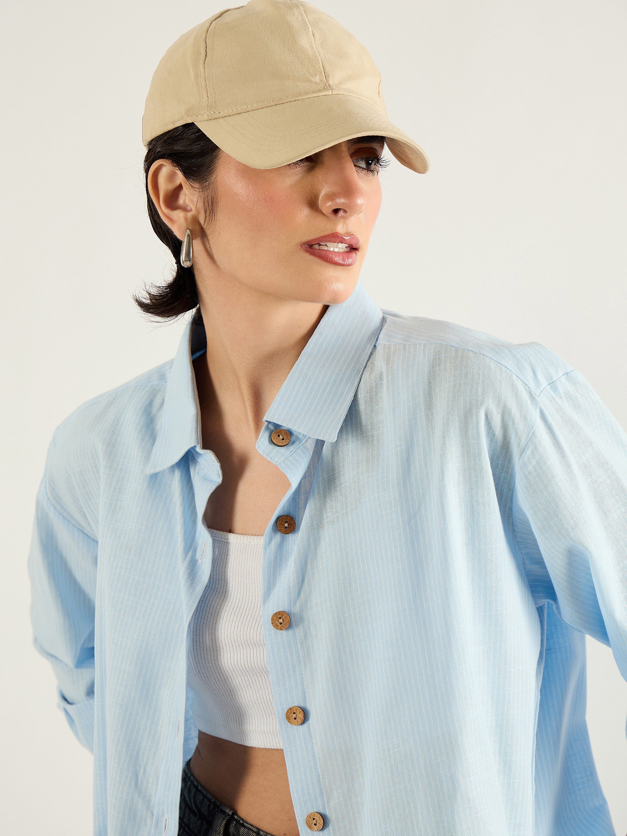 Women Blue & White Penny Stripes Oversized Shirt-SFSHRT20702