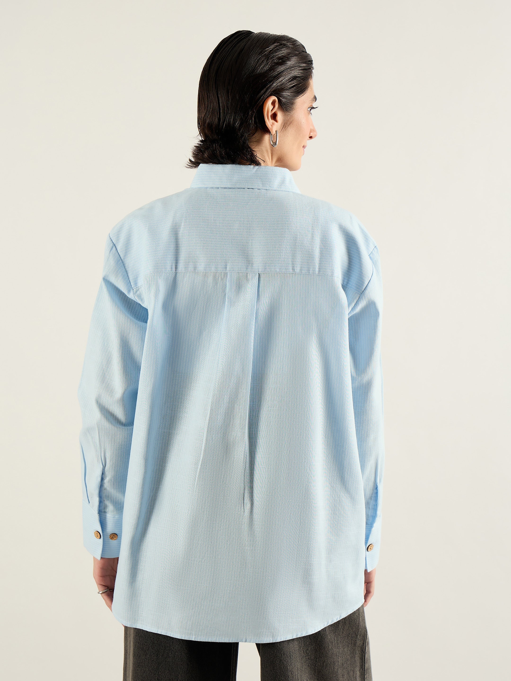 Women Blue & White Penny Stripes Oversized Shirt-SFSHRT20702