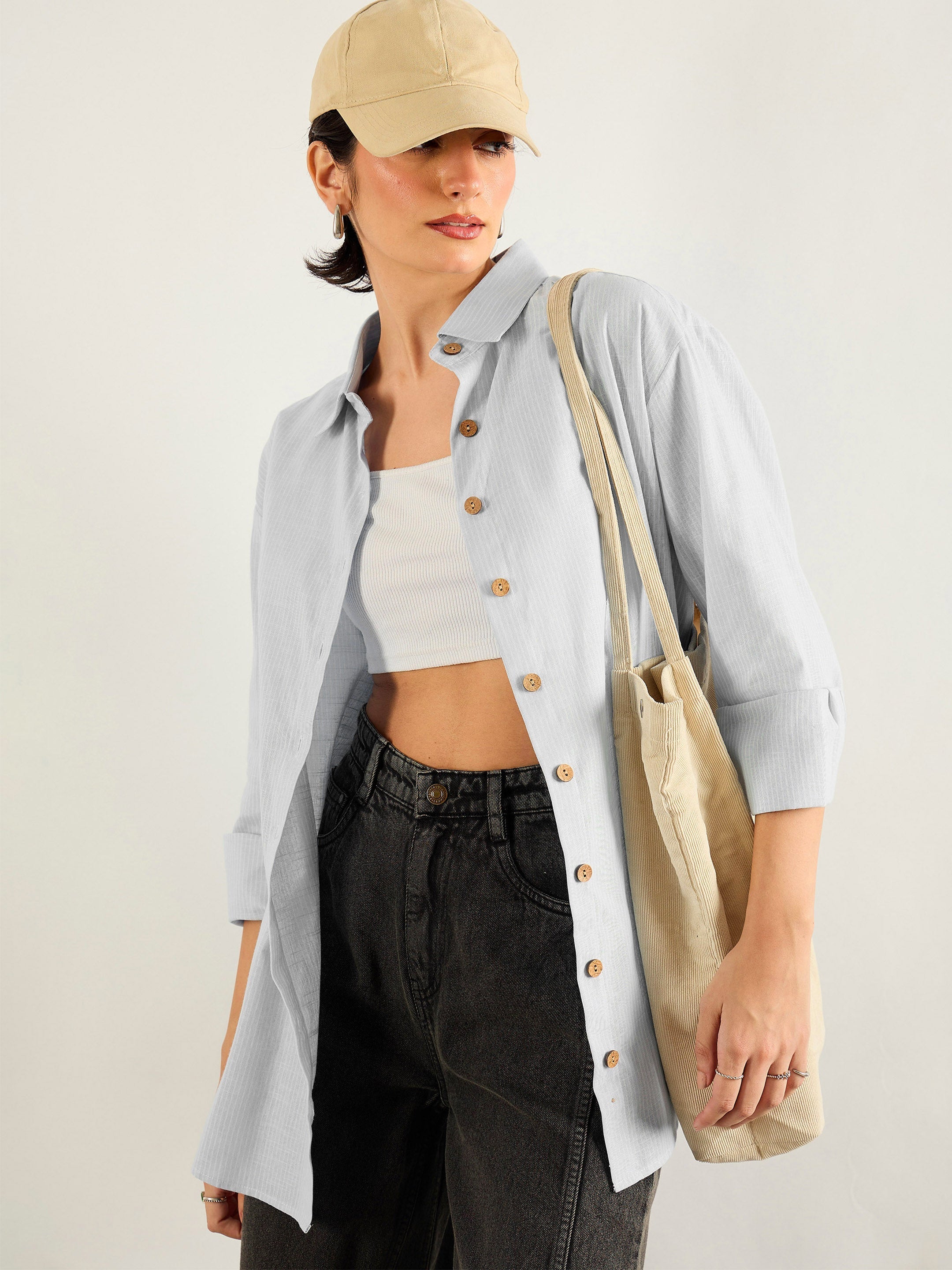 Women Grey & White Penny Stripes Oversized Shirt-SFSHRT20703