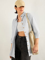 Women Grey & White Penny Stripes Oversized Shirt-SFSHRT20703