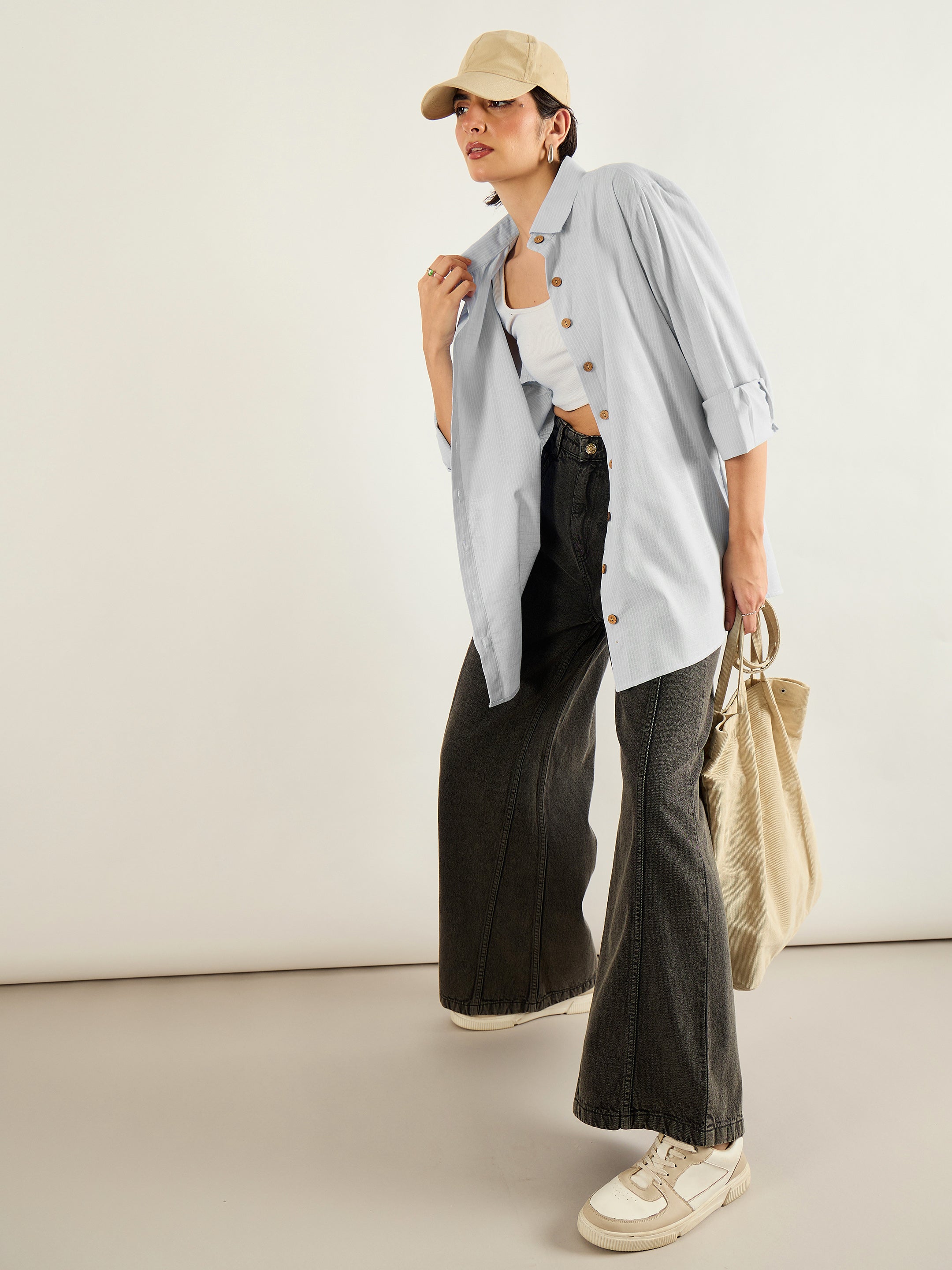 Women Grey & White Penny Stripes Oversized Shirt-SFSHRT20703