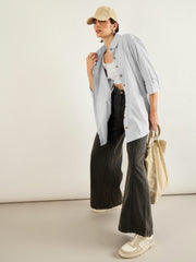 Women Grey & White Penny Stripes Oversized Shirt-SFSHRT20703