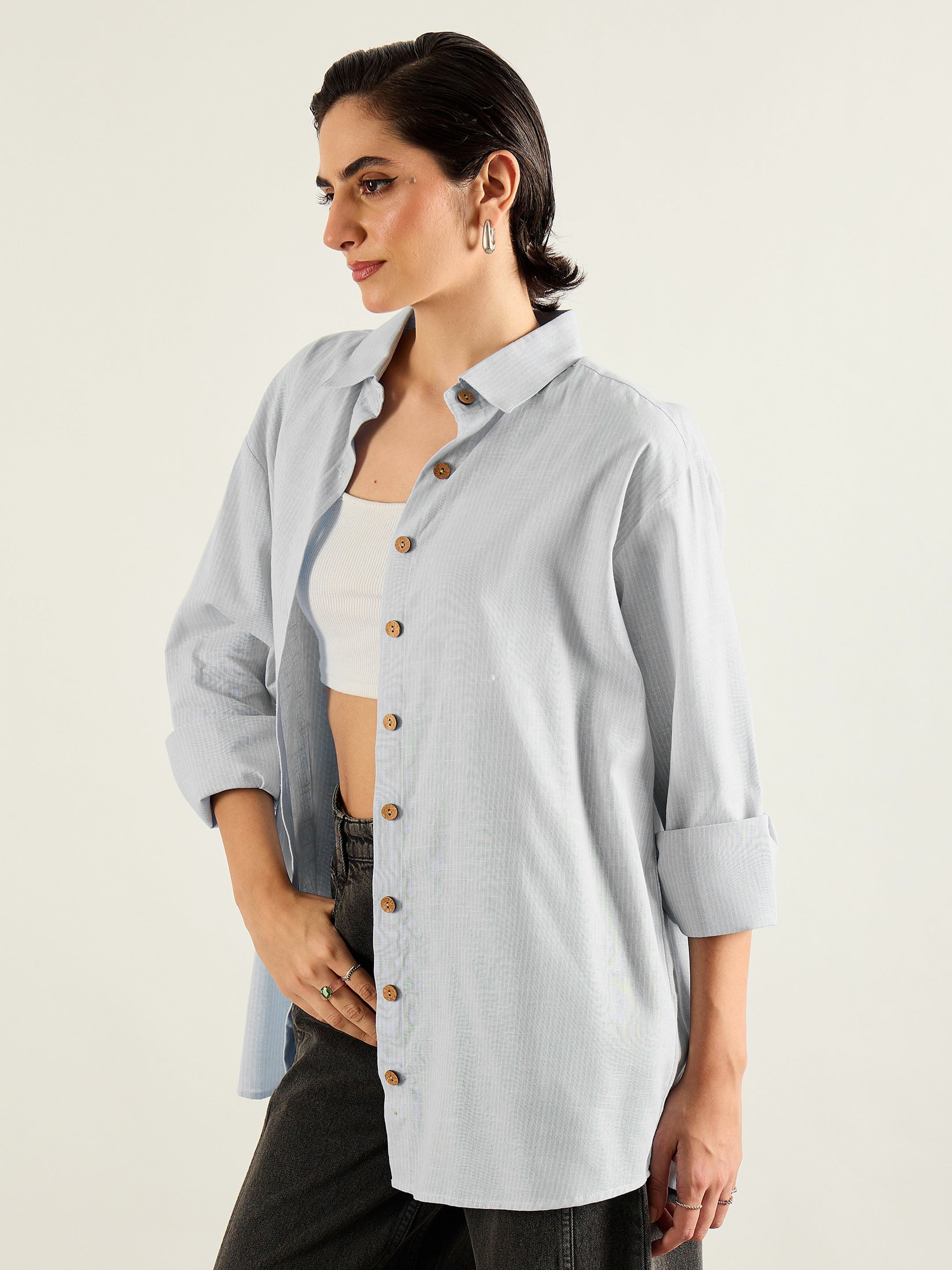Women Grey & White Penny Stripes Oversized Shirt-SFSHRT20703