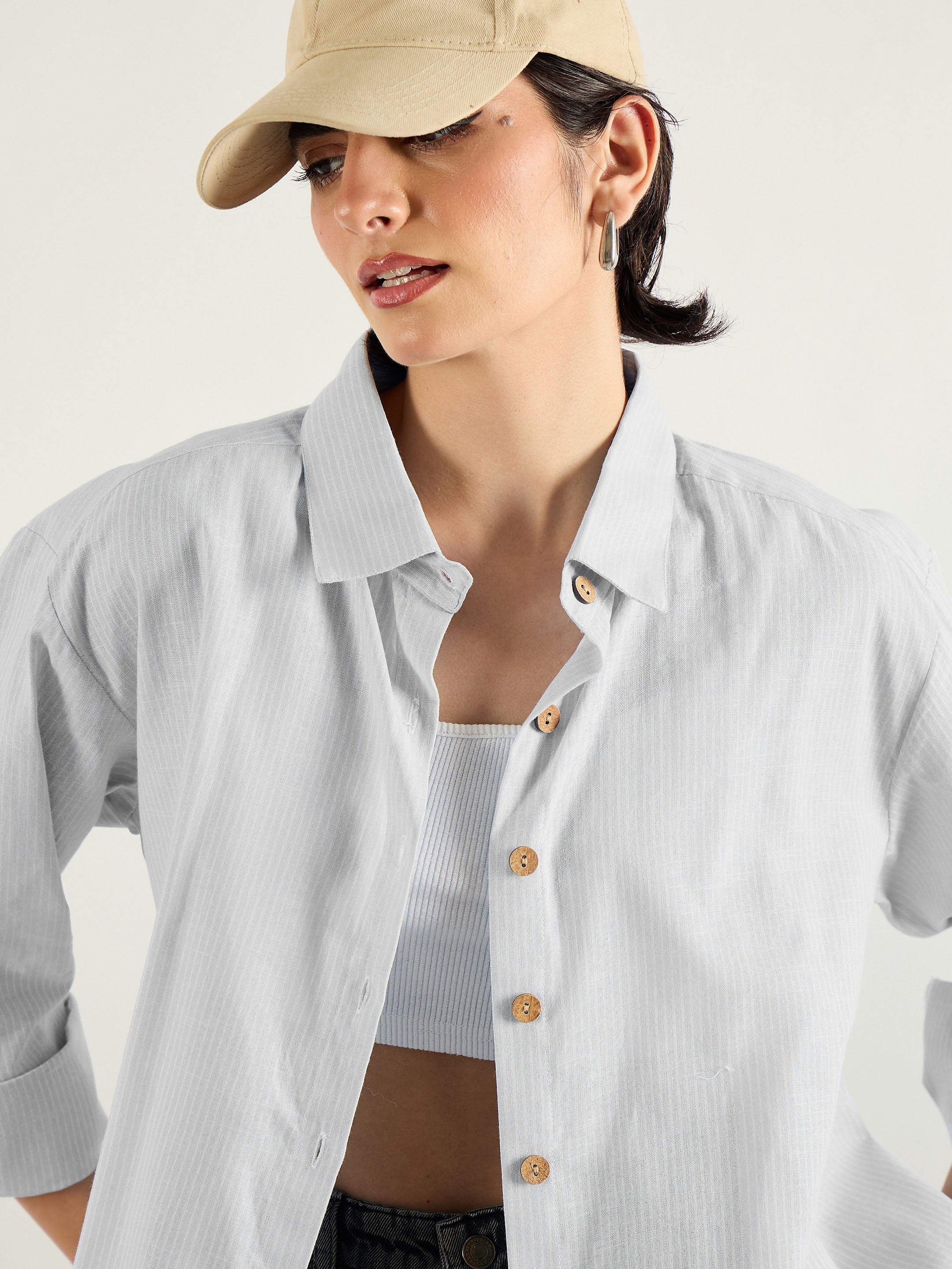 Women Grey & White Penny Stripes Oversized Shirt-SFSHRT20703