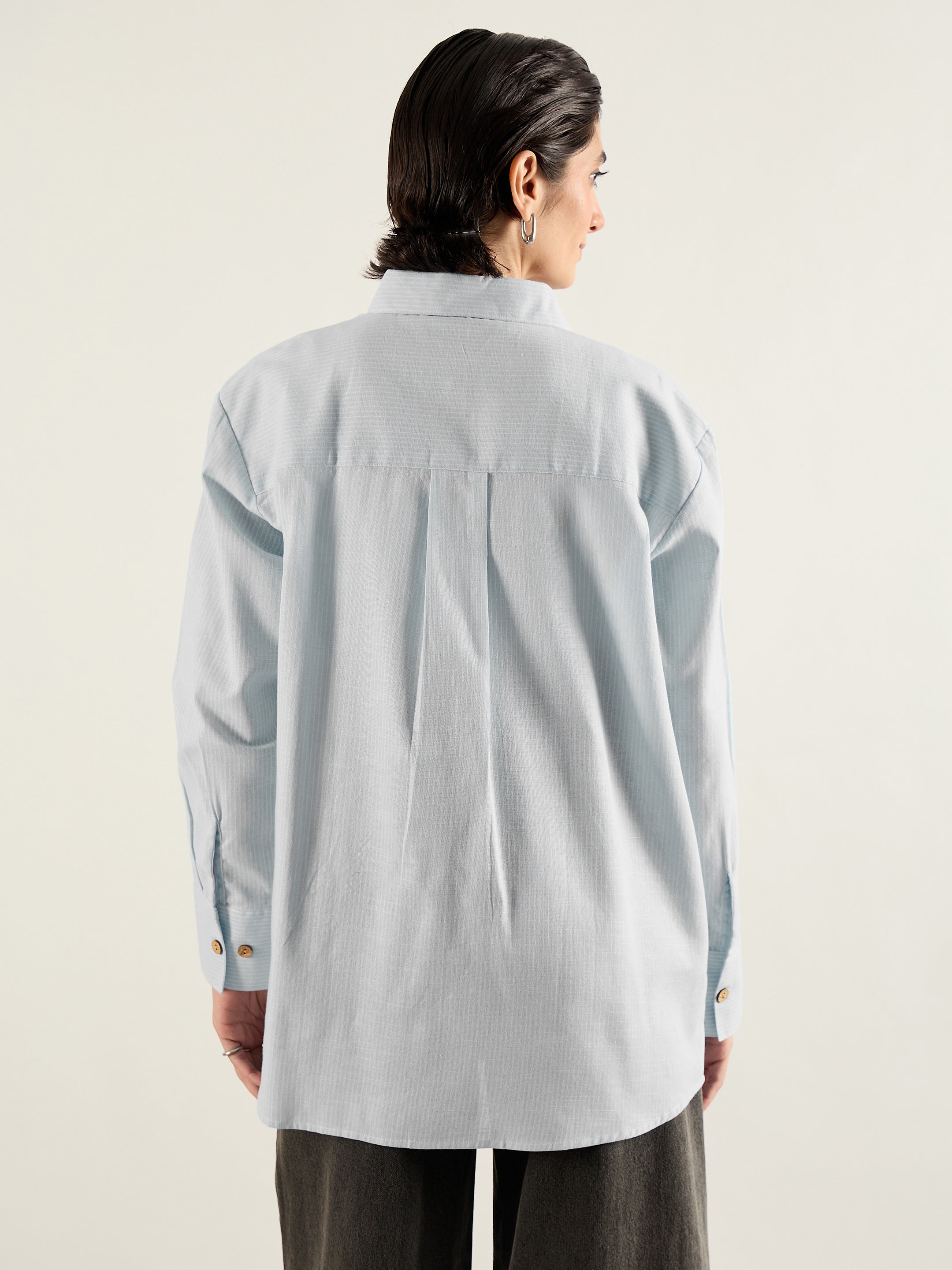Women Grey & White Penny Stripes Oversized Shirt-SFSHRT20703