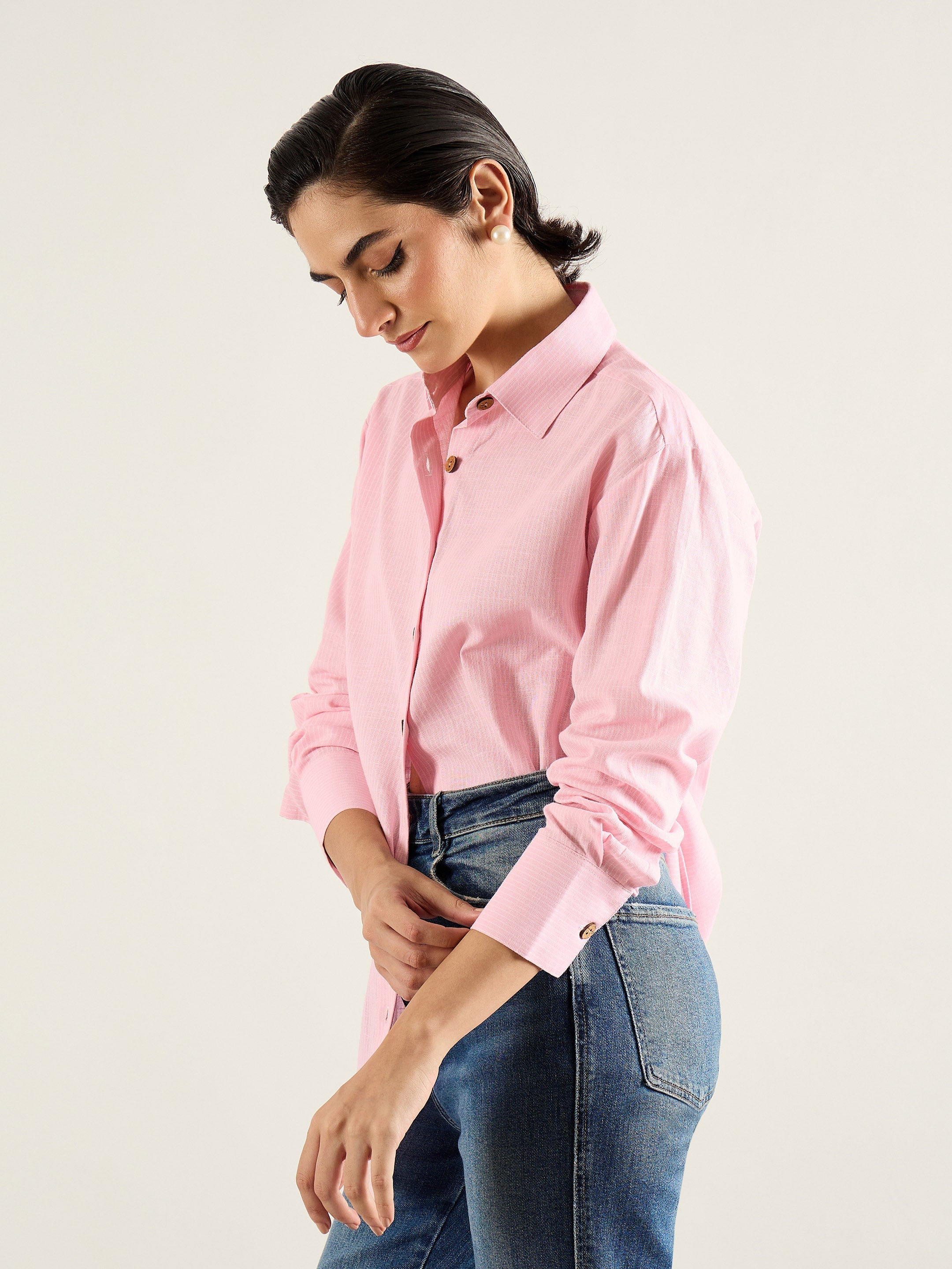 Women Pink & White Penny Stripe Oversized Shirt-SFSHRT20704