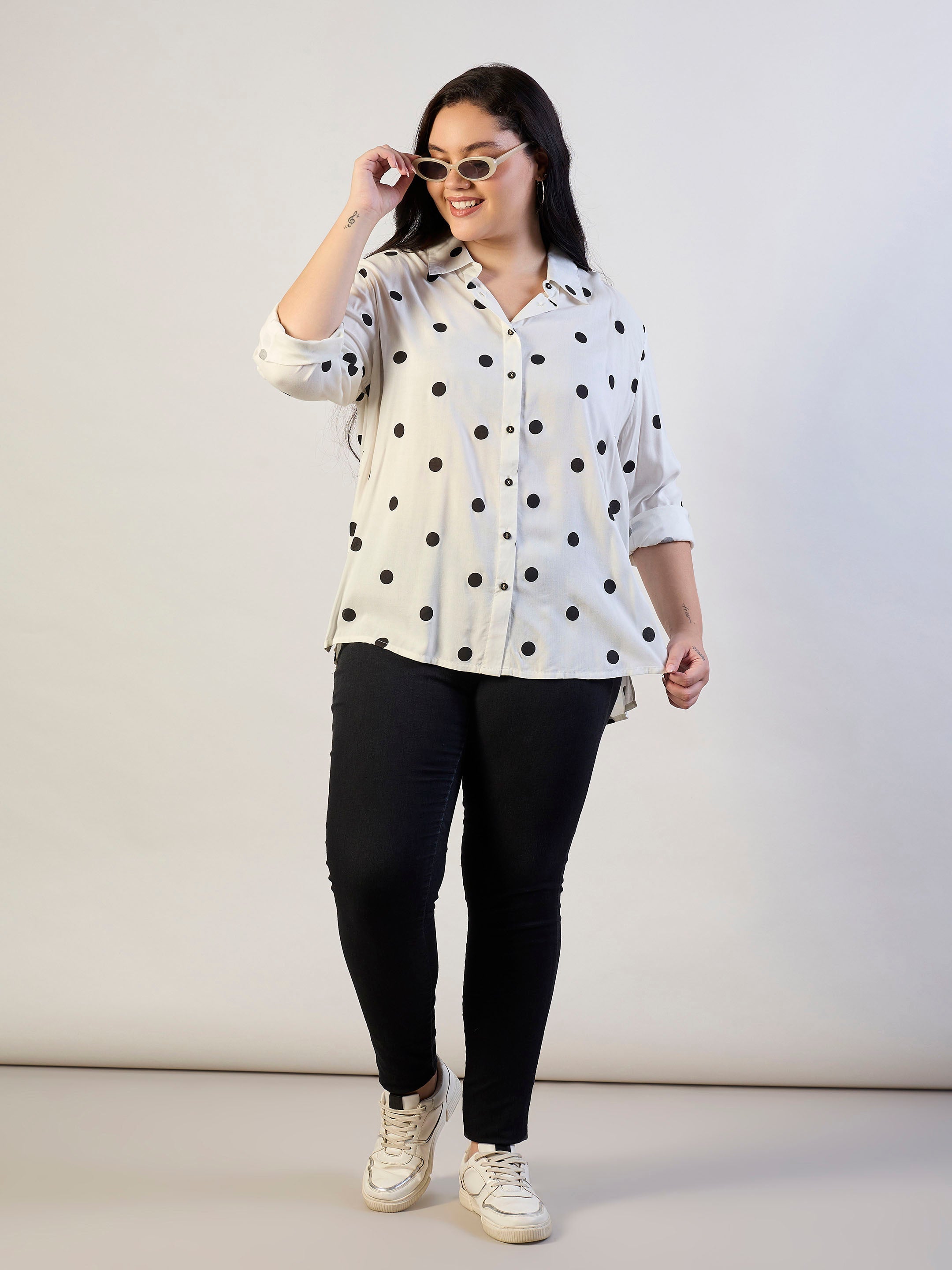 Women White & Black Polka Dot Regular Shirt-SFSHRT20705