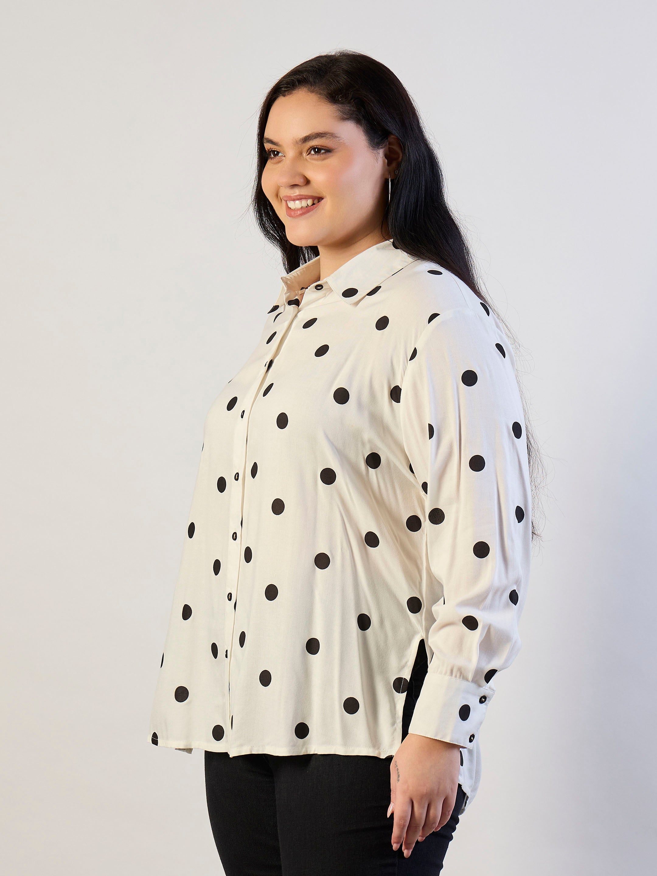 Women White & Black Polka Dot Regular Shirt-SFSHRT20705