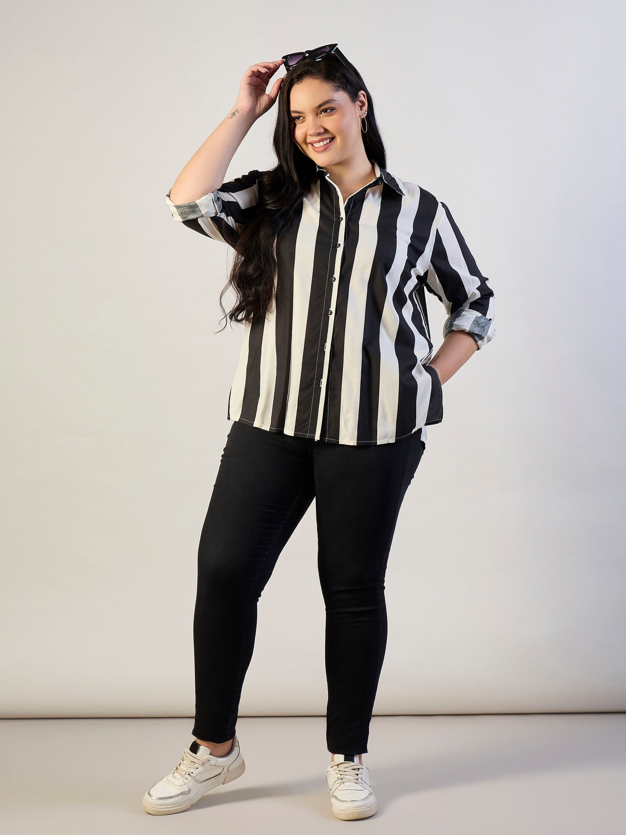 Women Black & White Striped Regular Shirt-SFSHRT20706