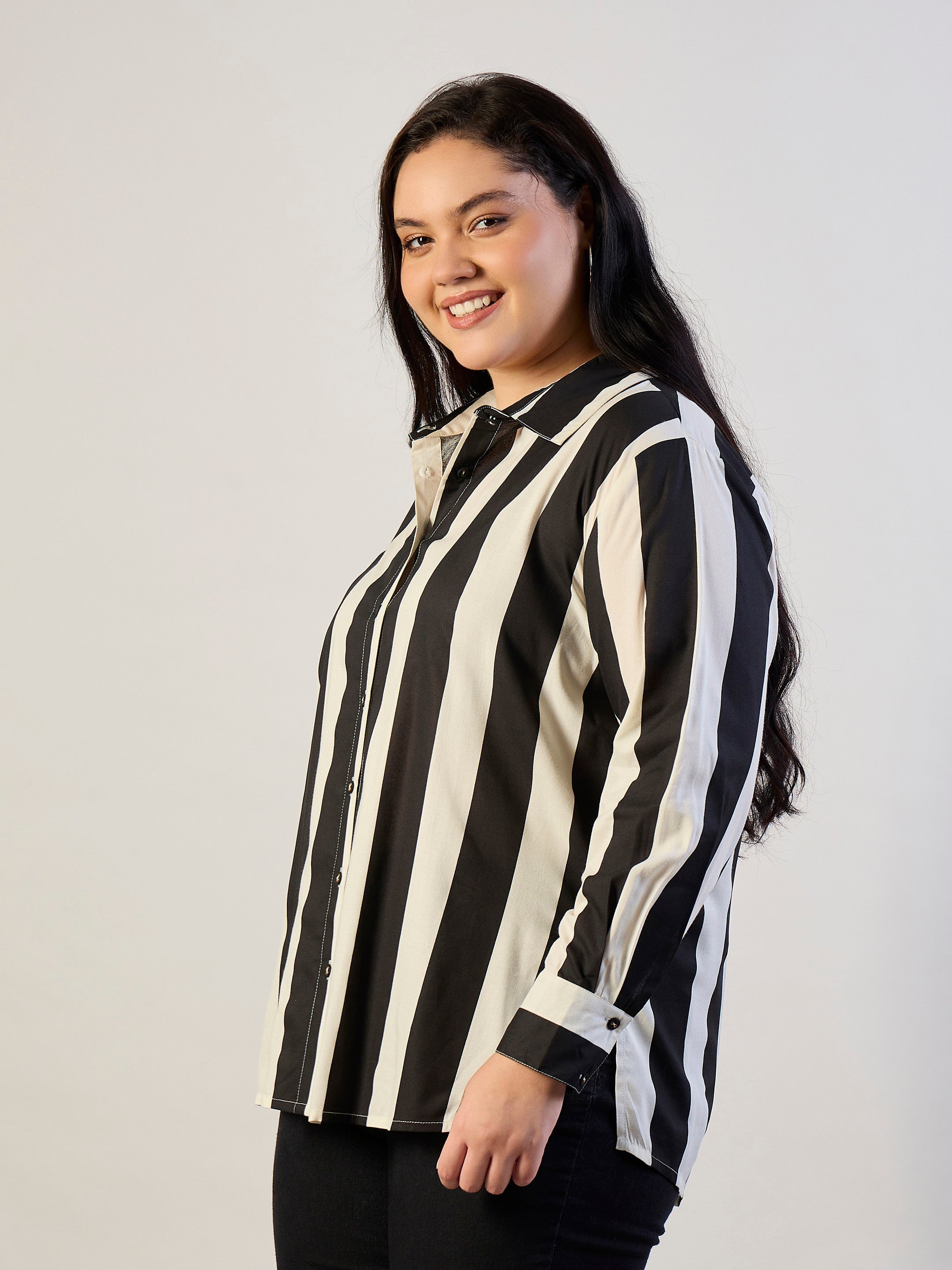Women Black & White Striped Regular Shirt-SFSHRT20706
