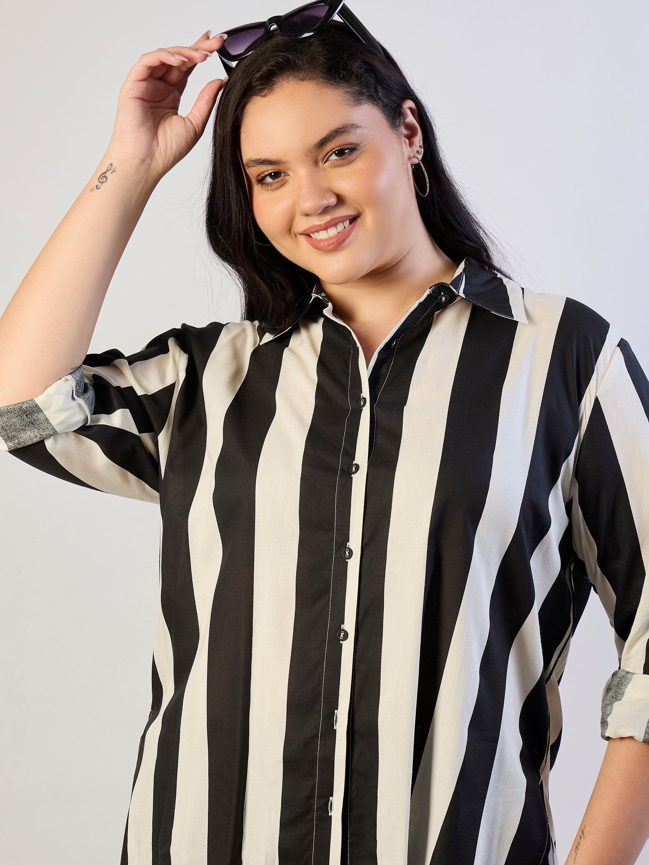 Women Black & White Striped Regular Shirt-SFSHRT20706