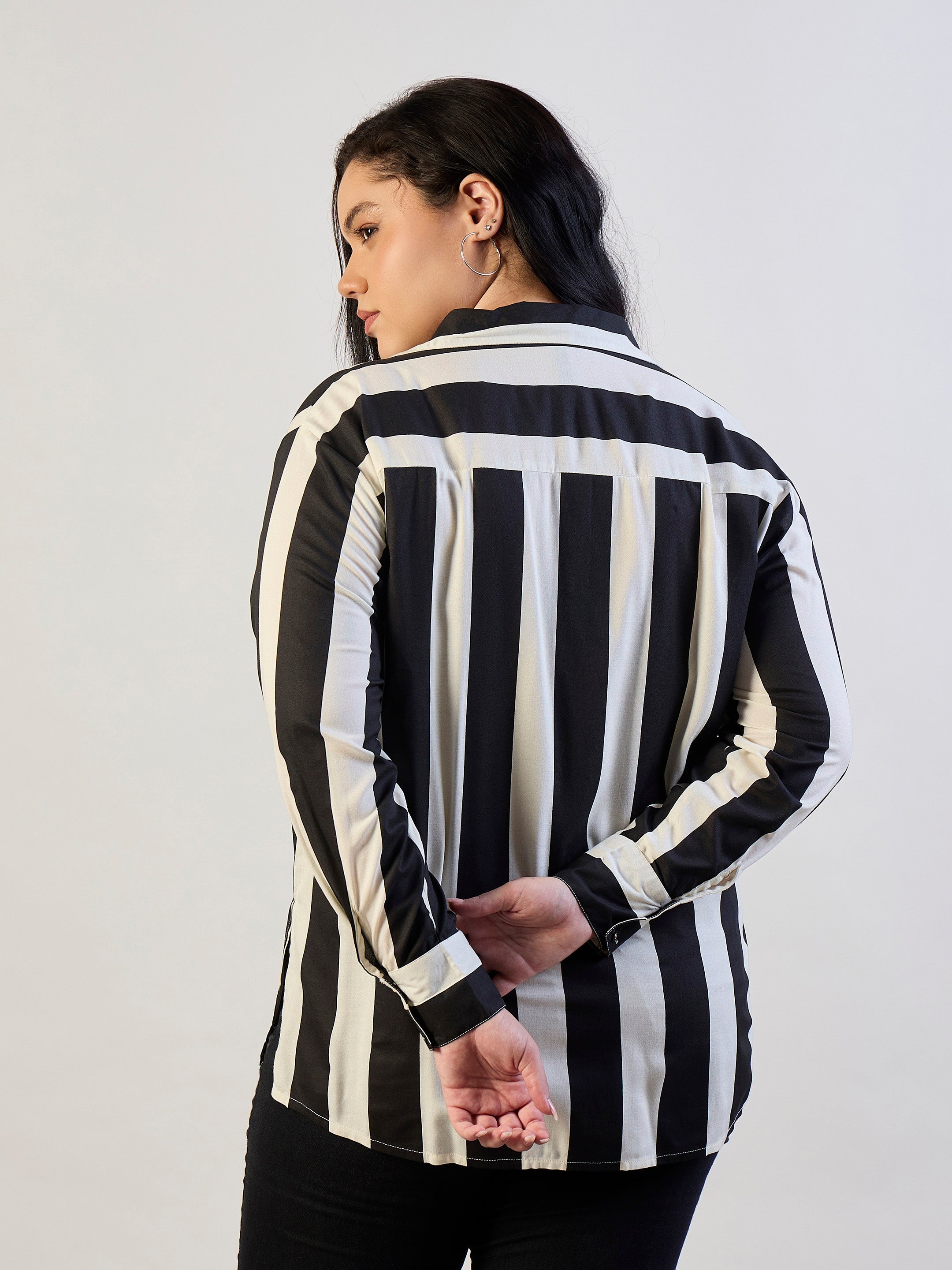 Women Black & White Striped Regular Shirt-SFSHRT20706