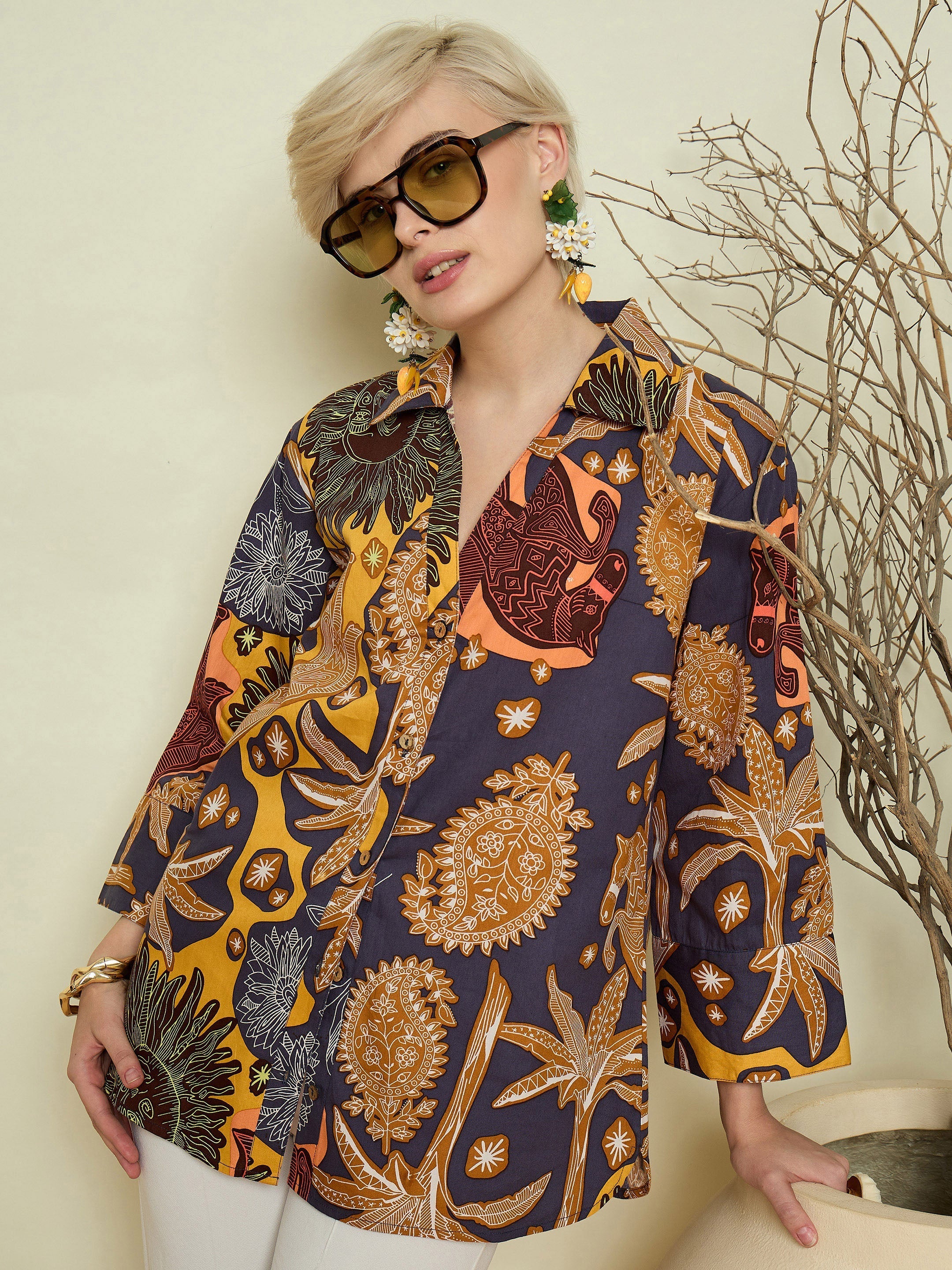 Women Grey Boho Printed Bell Sleeves Regular Shirt-SFSHRT20710