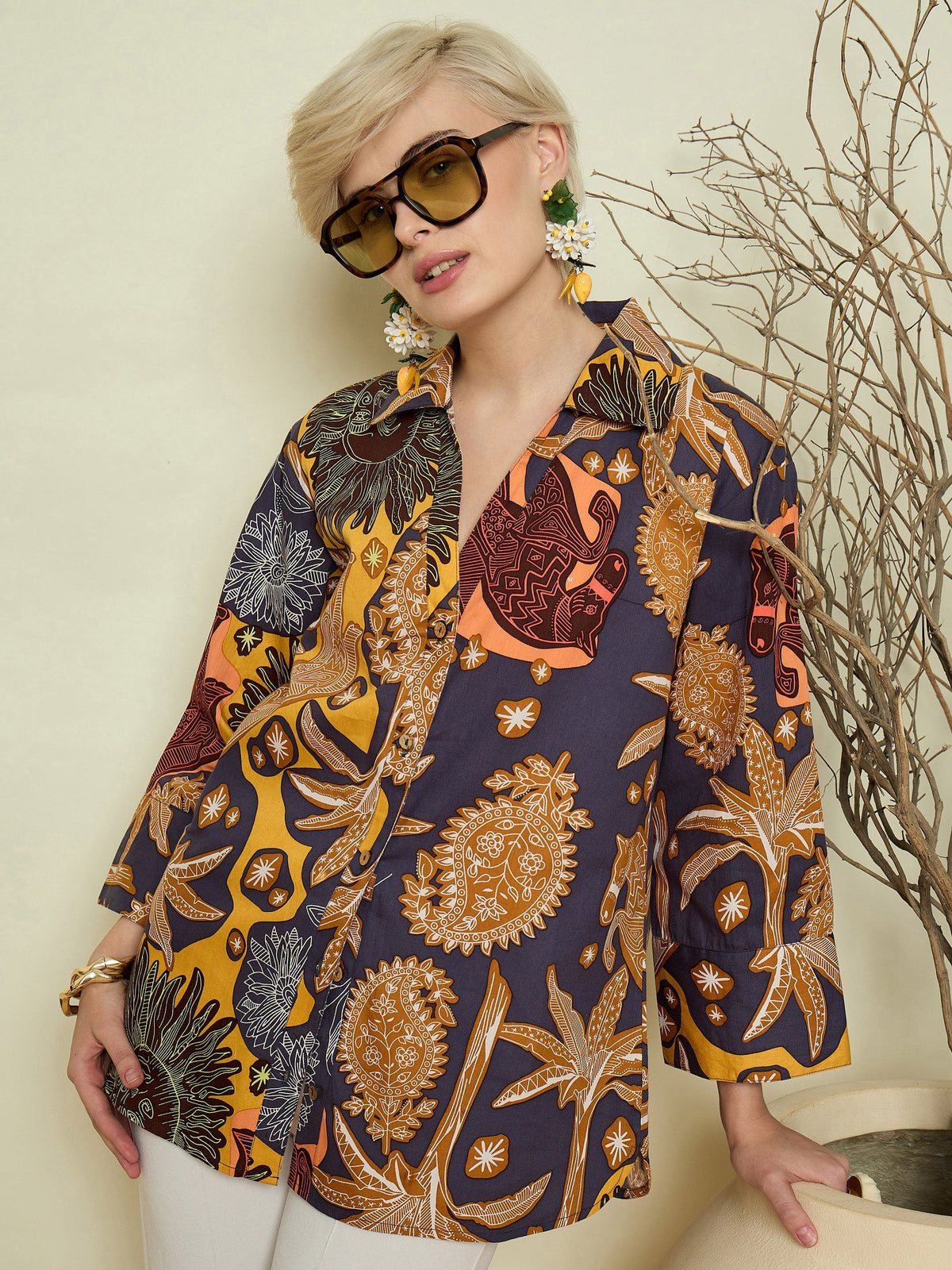 Women Grey Boho Printed Bell Sleeves Regular Shirt-SFSHRT20710