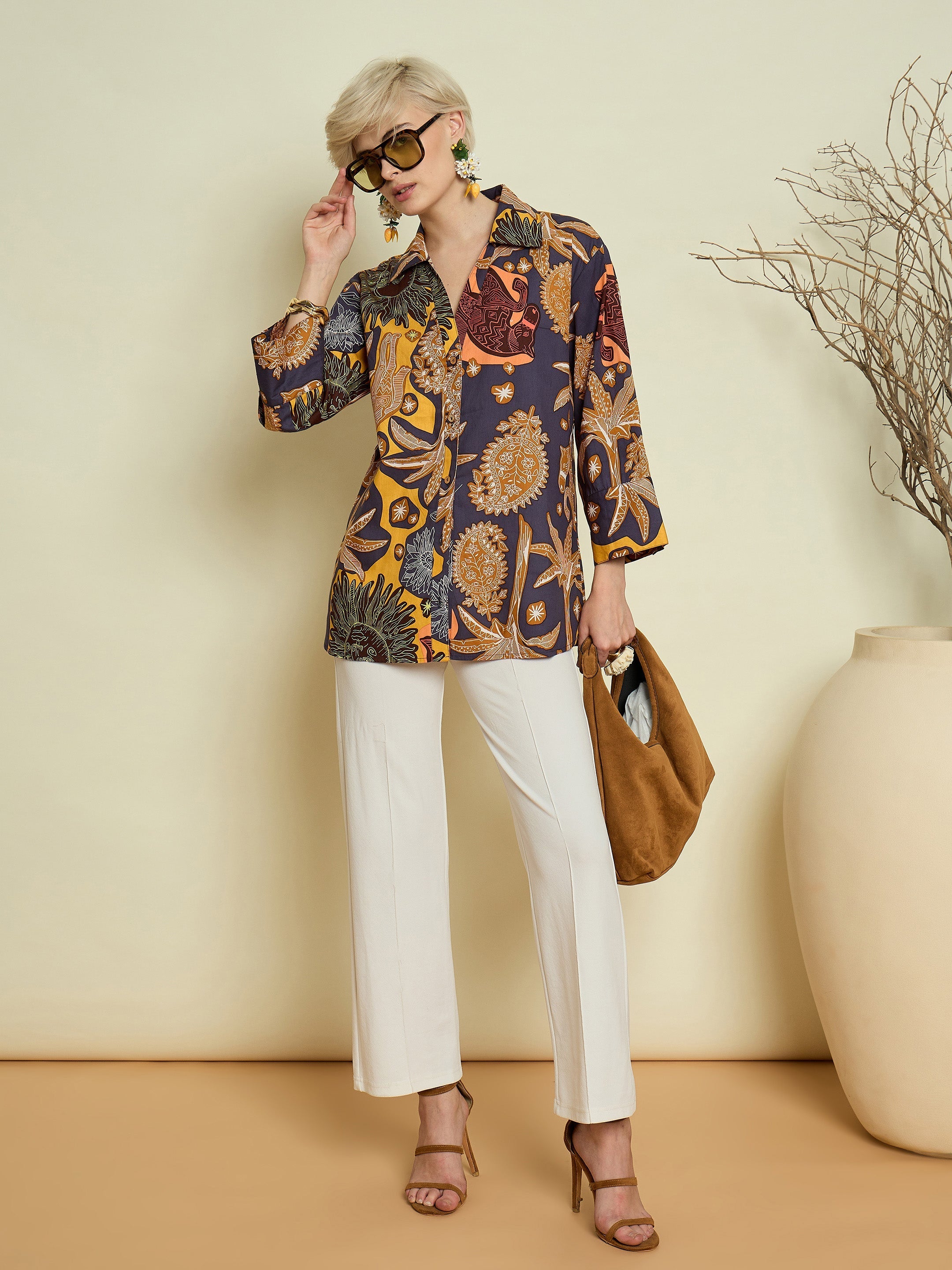 Women Grey Boho Printed Bell Sleeves Regular Shirt-SFSHRT20710