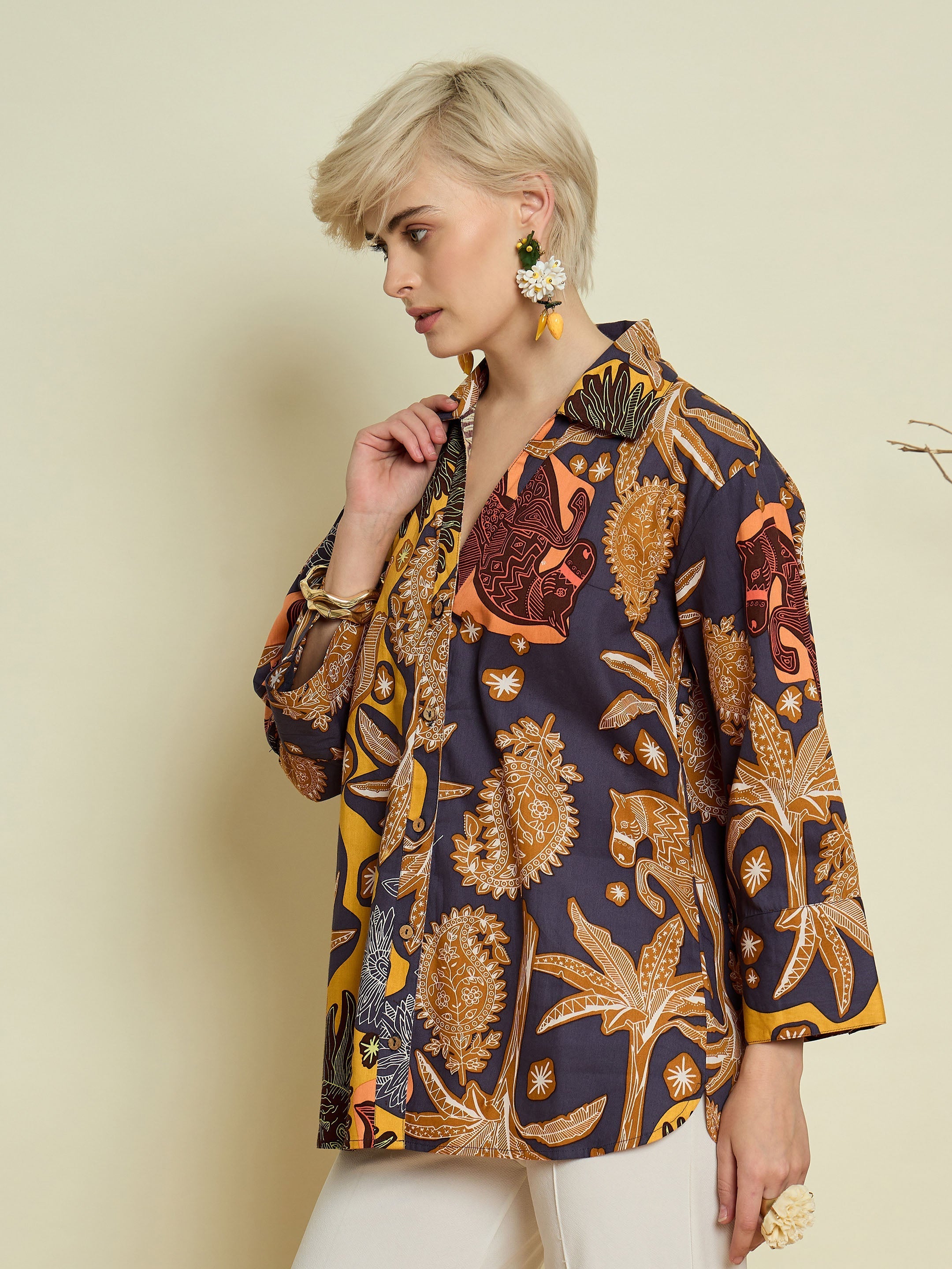 Women Grey Boho Printed Bell Sleeves Regular Shirt-SFSHRT20710
