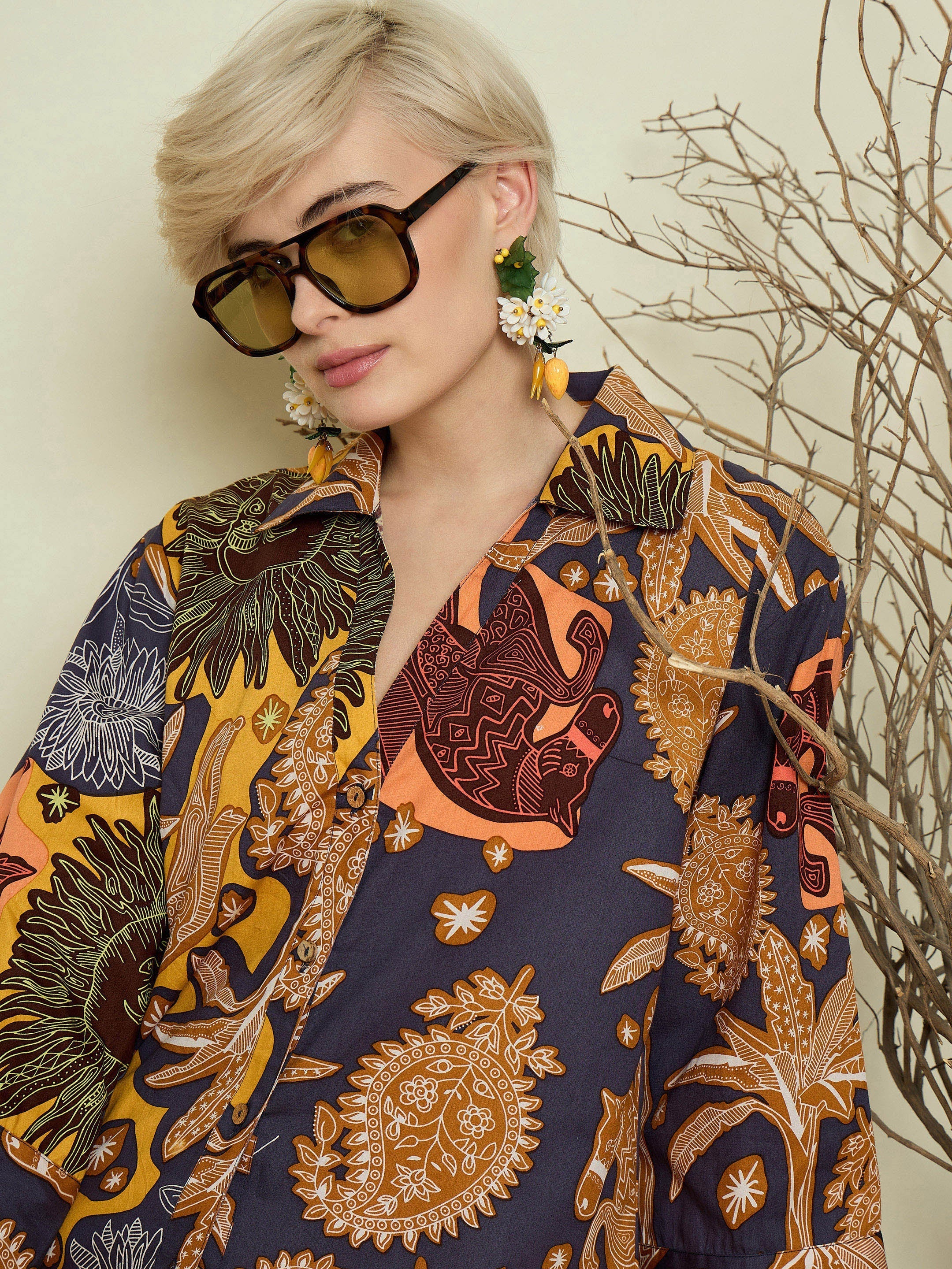 Women Grey Boho Printed Bell Sleeves Regular Shirt-SFSHRT20710