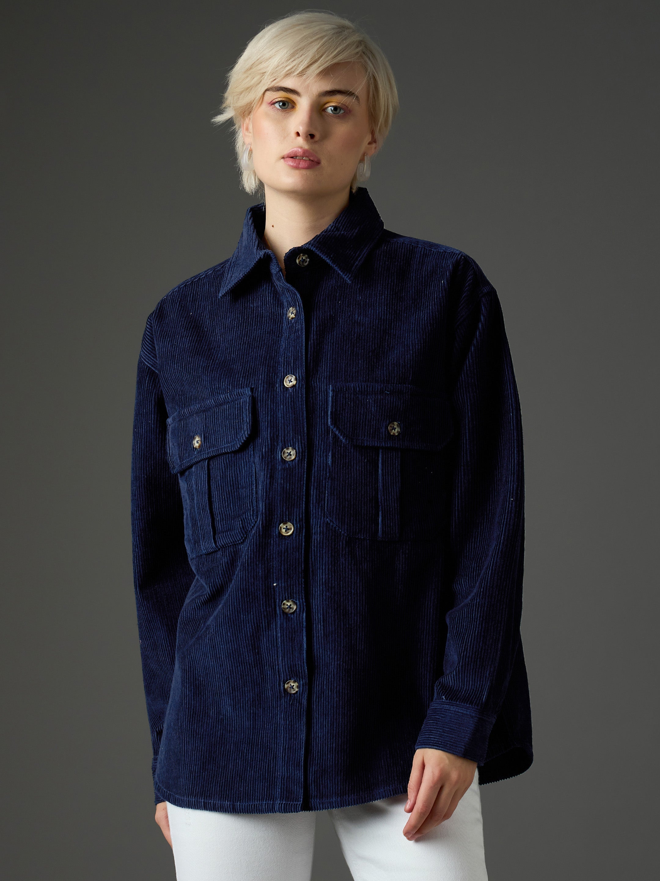 Women Navy Blue Corduroy Oversized Shirt-SFSHRT20711