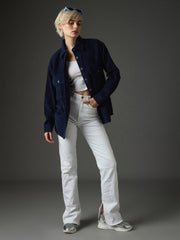 Women Navy Blue Corduroy Oversized Shirt-SFSHRT20711