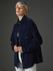 Women Navy Blue Corduroy Oversized Shirt-SFSHRT20711