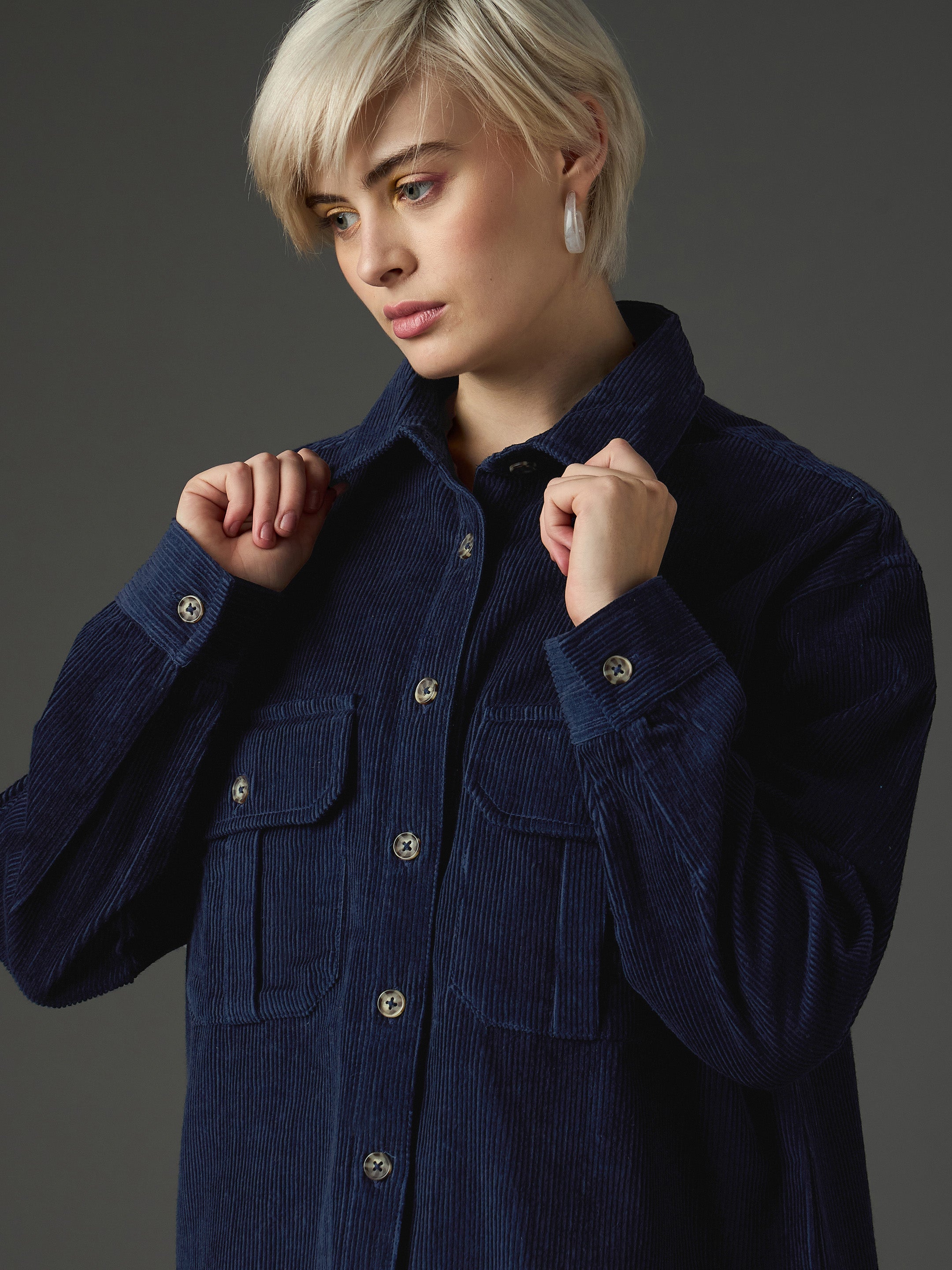 Women Navy Blue Corduroy Oversized Shirt-SFSHRT20711