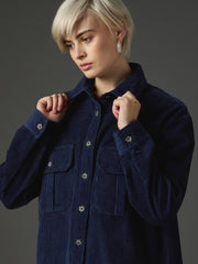 Women Navy Blue Corduroy Oversized Shirt-SFSHRT20711
