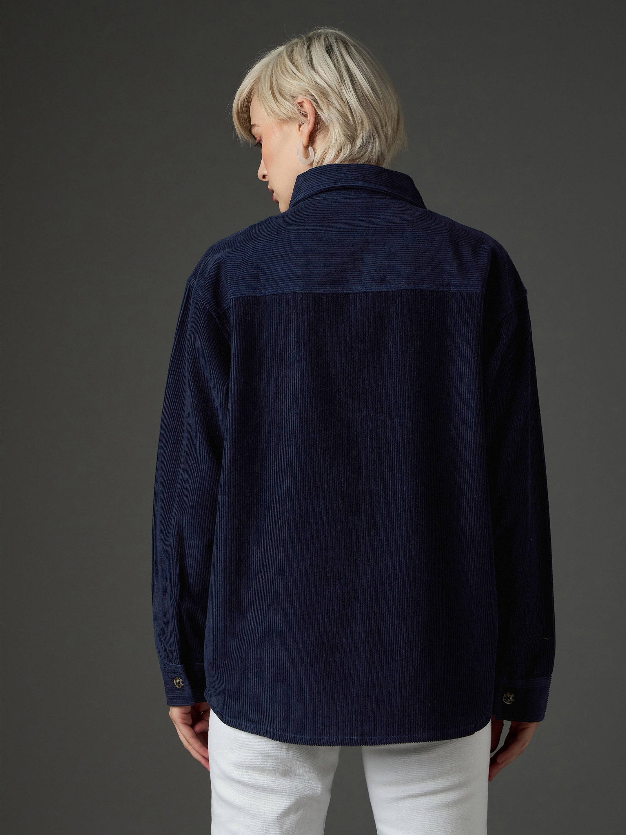 Women Navy Blue Corduroy Oversized Shirt-SFSHRT20711