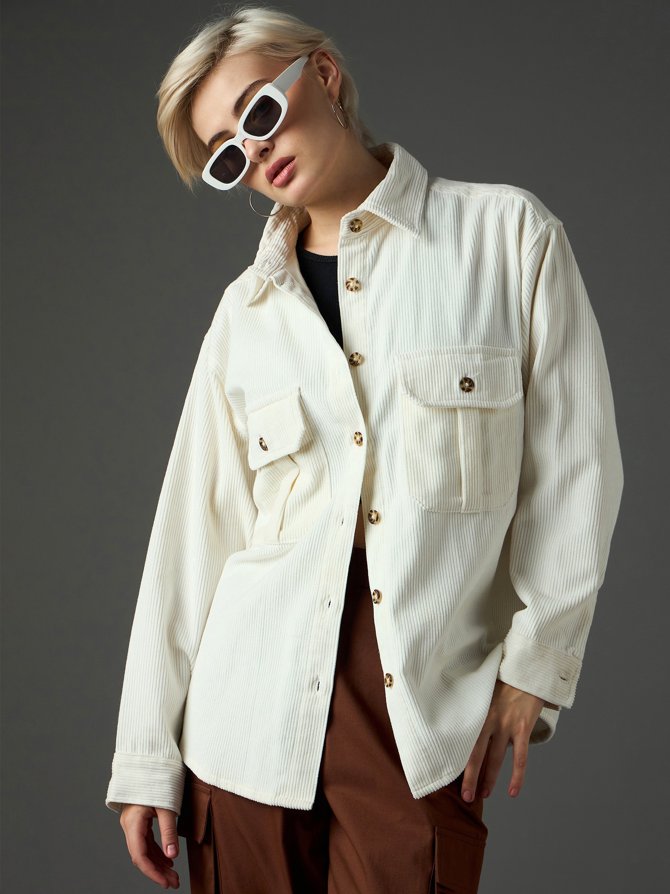 Women White Corduroy Oversized Shirt-SFSHRT20712
