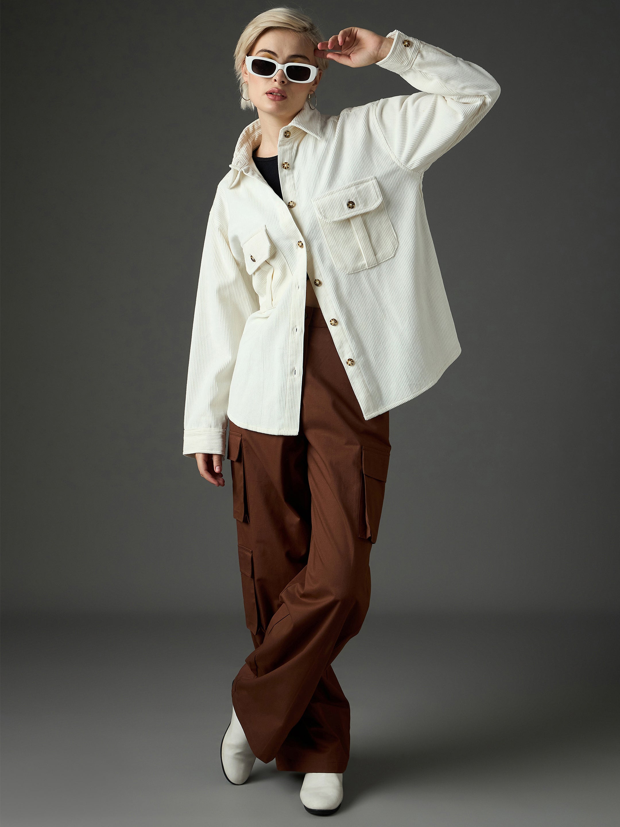 Women White Corduroy Oversized Shirt-SFSHRT20712