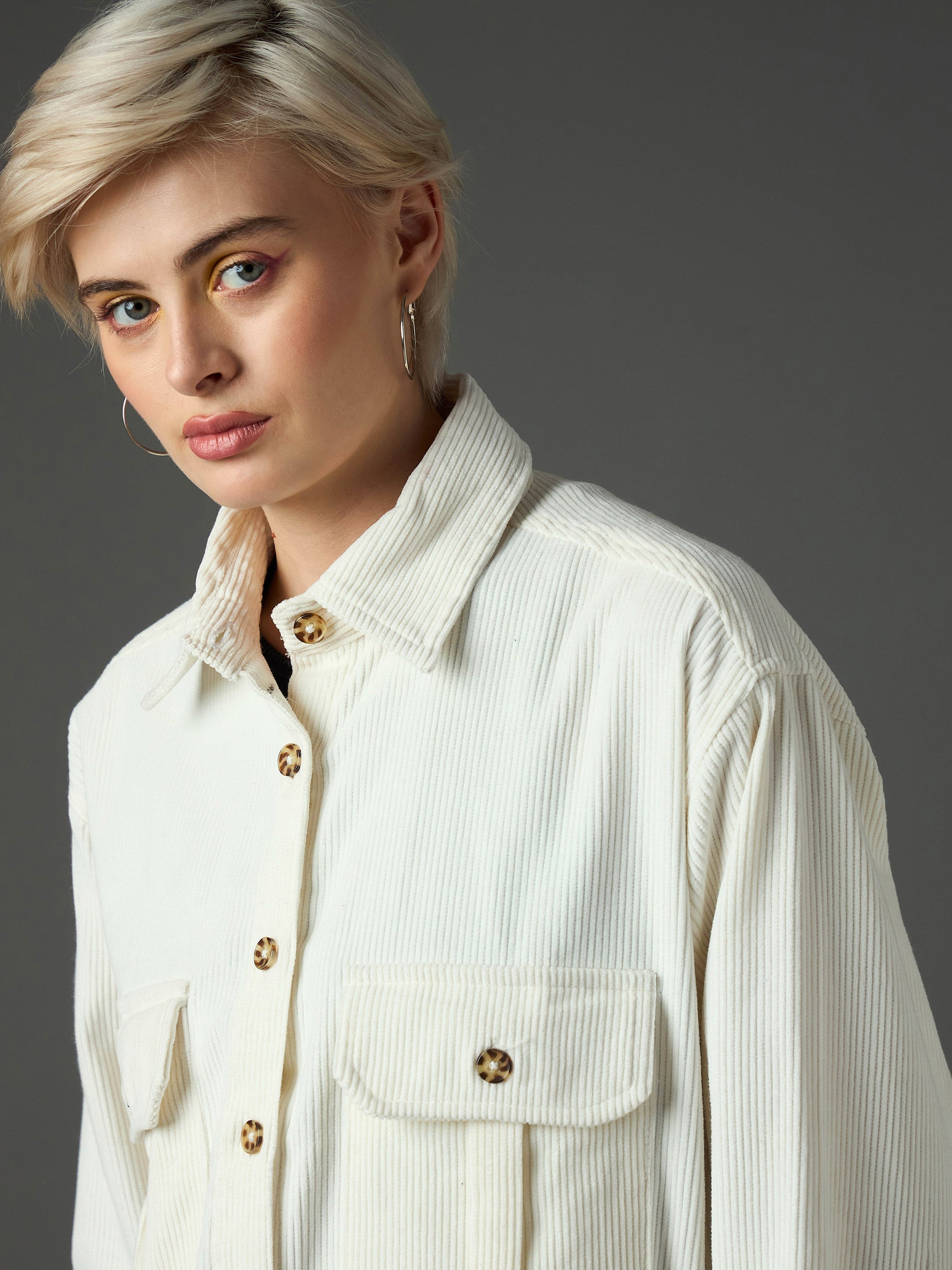Women White Corduroy Oversized Shirt-SFSHRT20712