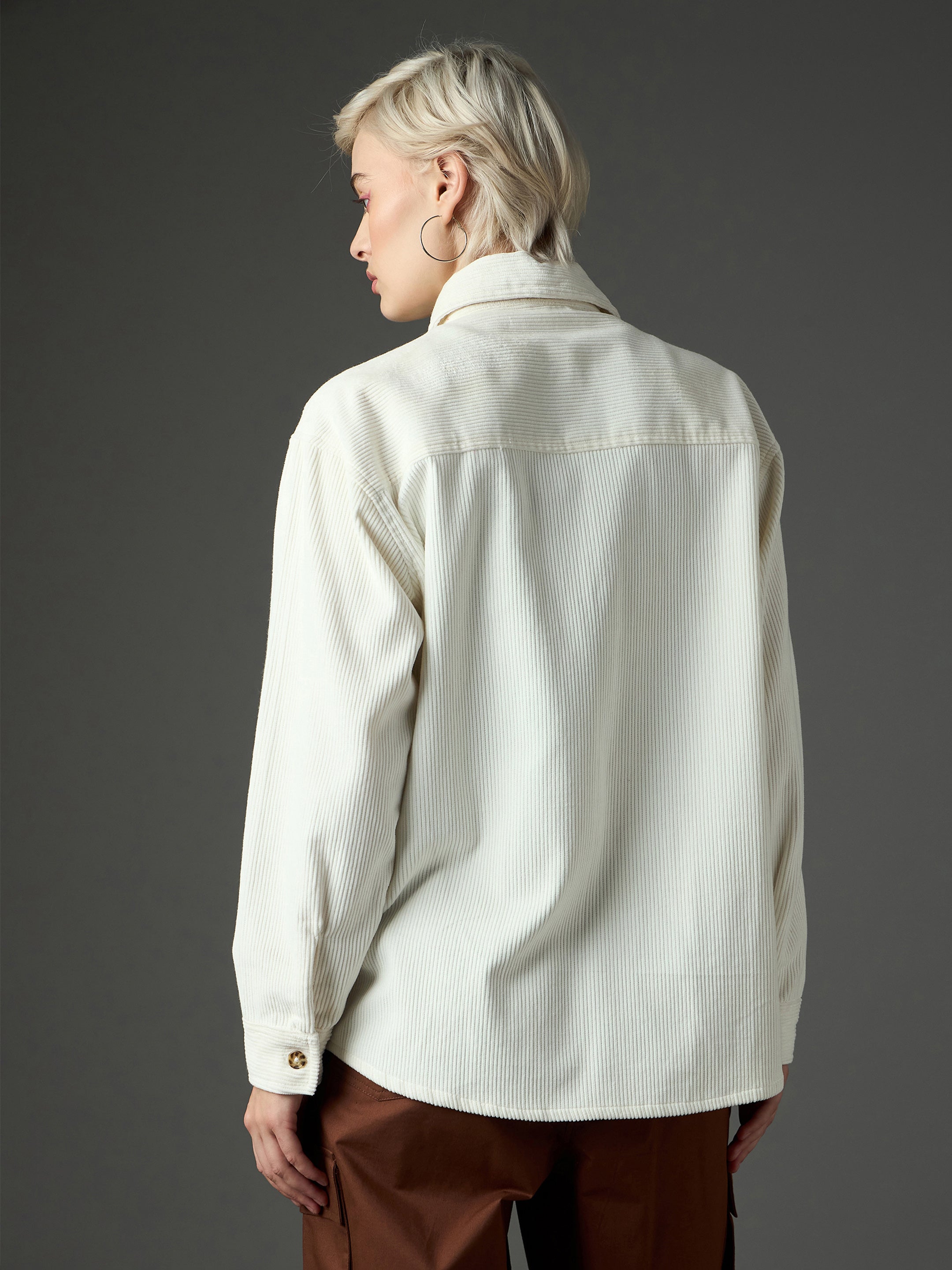 Women White Corduroy Oversized Shirt-SFSHRT20712